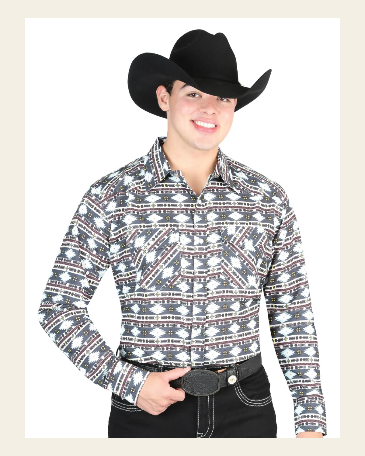 El General Men's Long Sleeve Western Fashion Snap Button Shirt - Gray/Khaki 44308 on a warm cream background