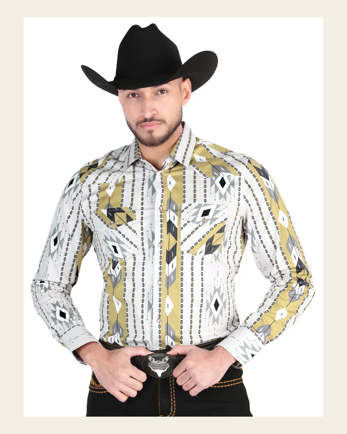 Men’s Long Sleeve Snap Button Western Shirt - Grey 44473 on a warm cream background