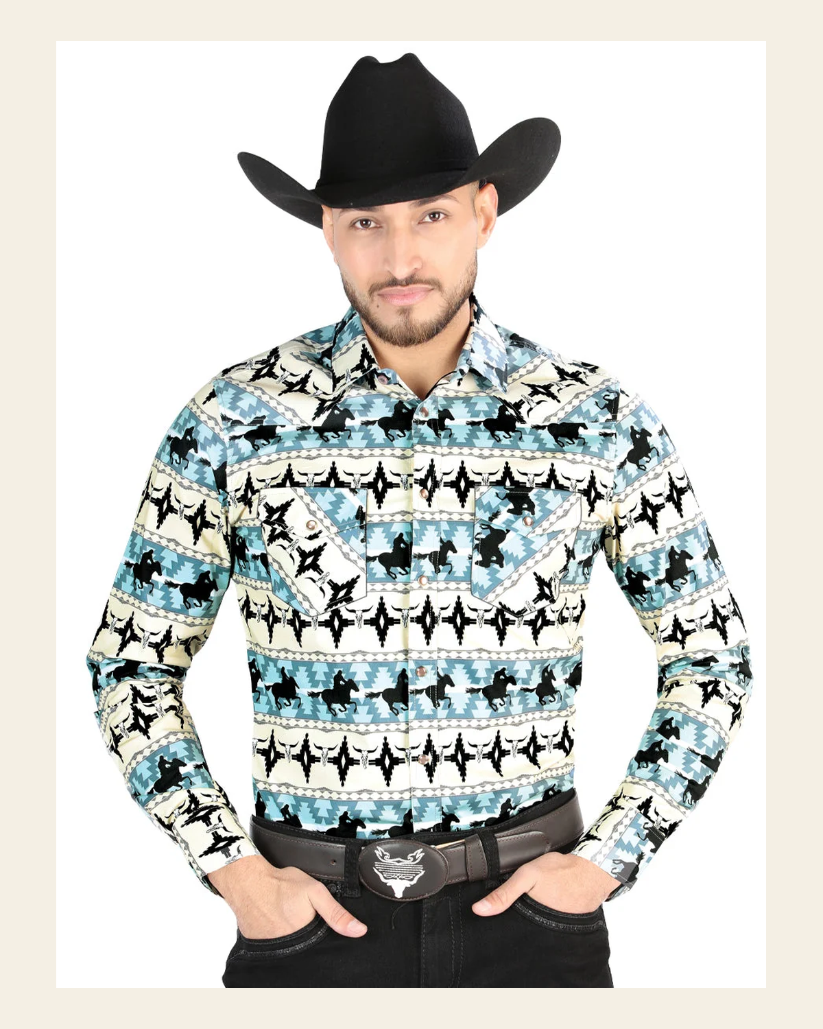 Men’s Long Sleeve Snap Button Western Shirt - Ivory/Blue 44478 on a warm cream background