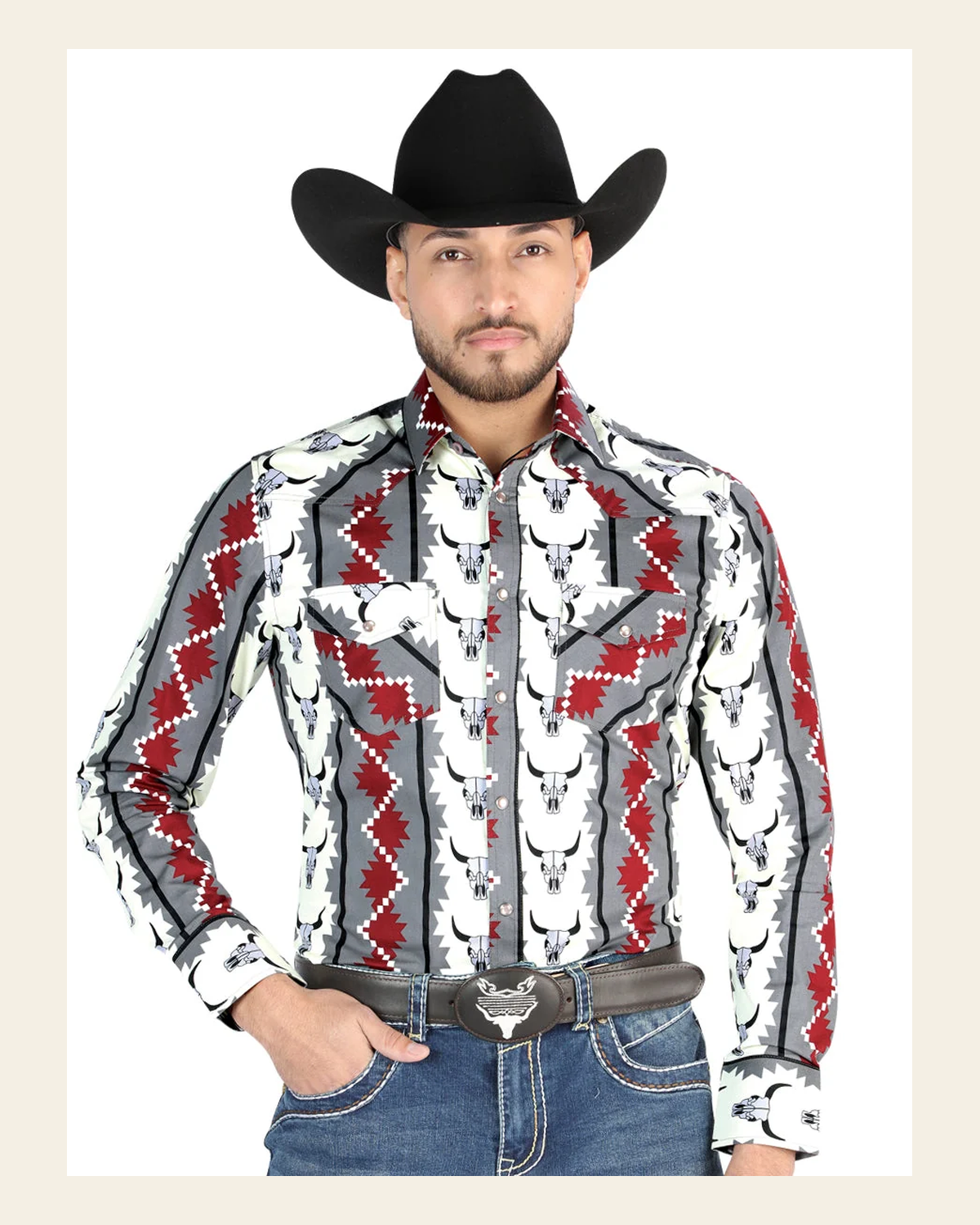 Men’s Long Sleeve Snap Button Western Shirt - White/Grey 44489 on a warm cream background