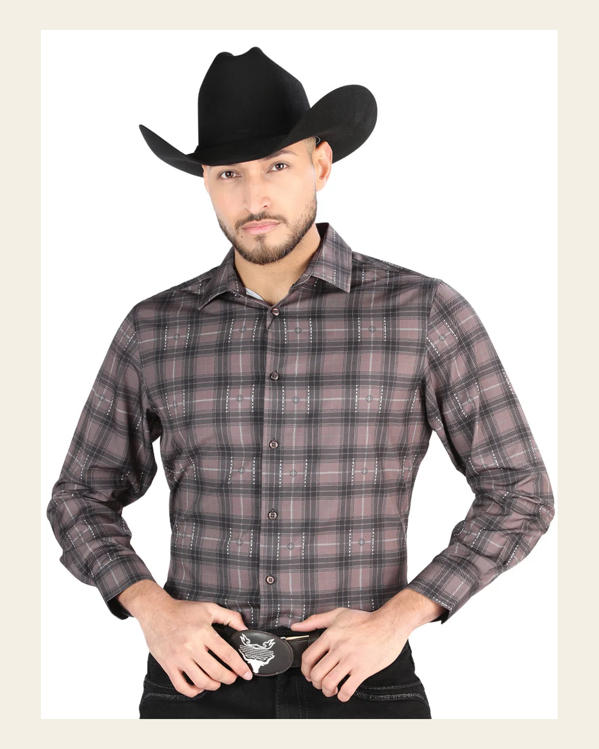 El General - Casual Long Sleeve Shirt - Mocha/Olive 44712 on a warm cream background