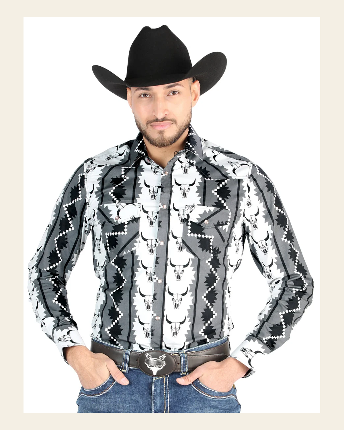 Men’s Long Sleeve Snap Button Western Shirt - Black/White 44491 on a warm cream background