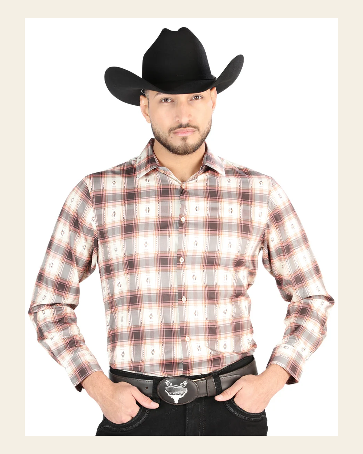 El General - Casual Long Sleeve Shirt - Orange/Beige 44699 on a warm cream background