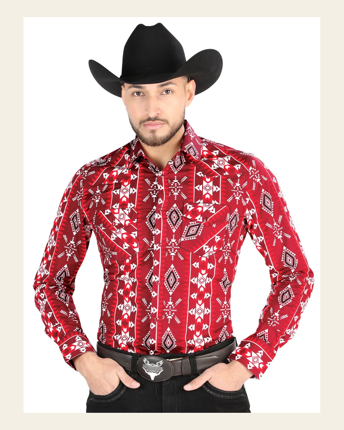 Men’s Long Sleeve Snap Button Western Shirt - Red 44504 on a warm cream background