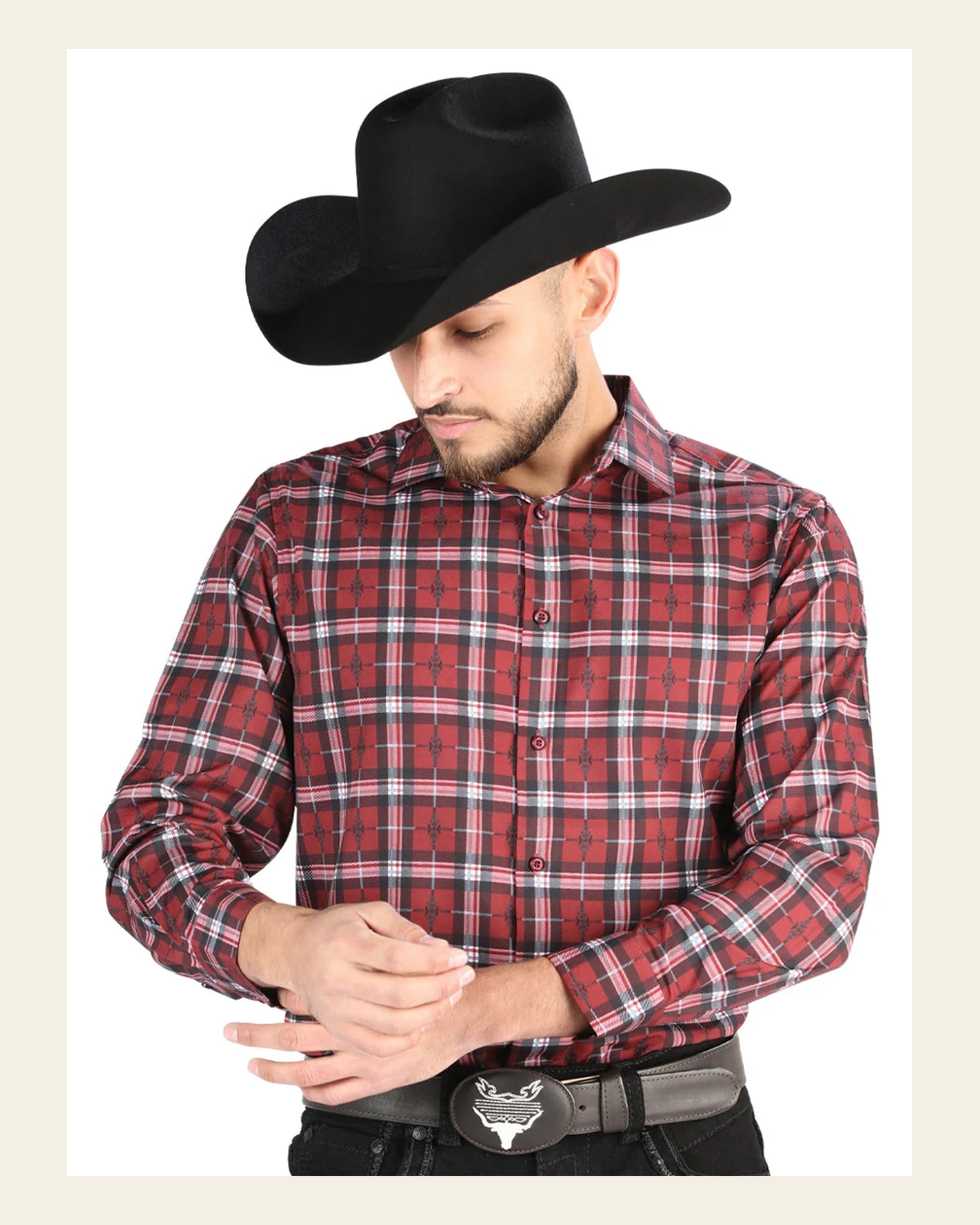 El General - Casual Long Sleeve Shirt - Red 44710 on a warm cream background