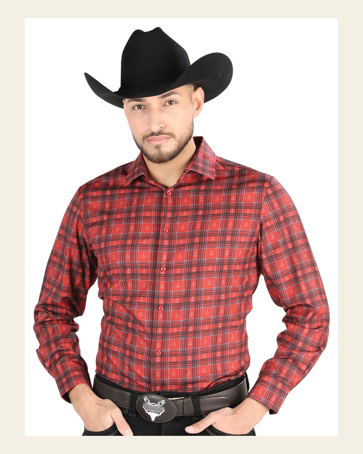 El General - Casual Long Sleeve Shirt - Red/Black 44705 on a warm cream background