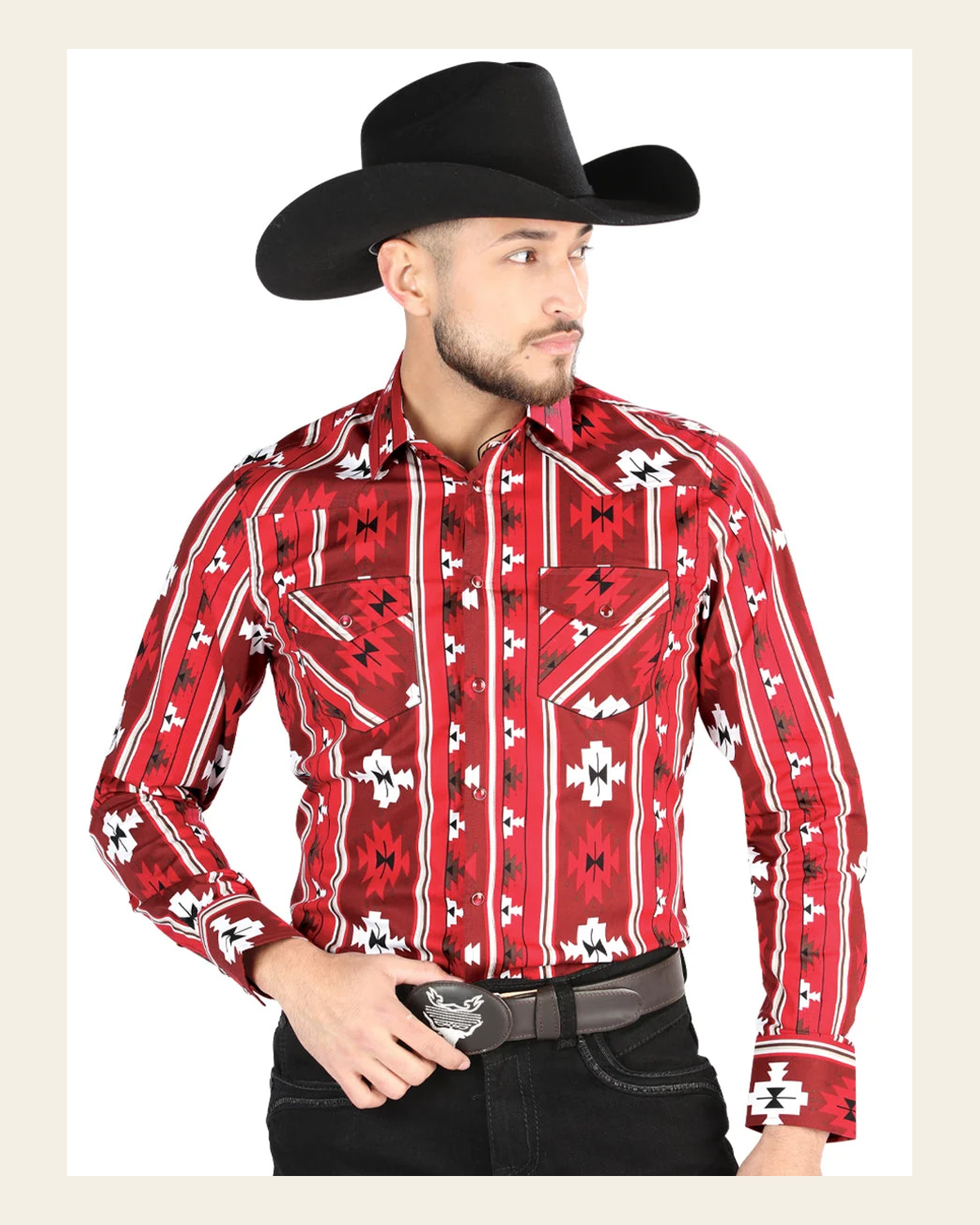 Men’s Long Sleeve Snap Button Western Shirt- Red 44472 on a warm cream background