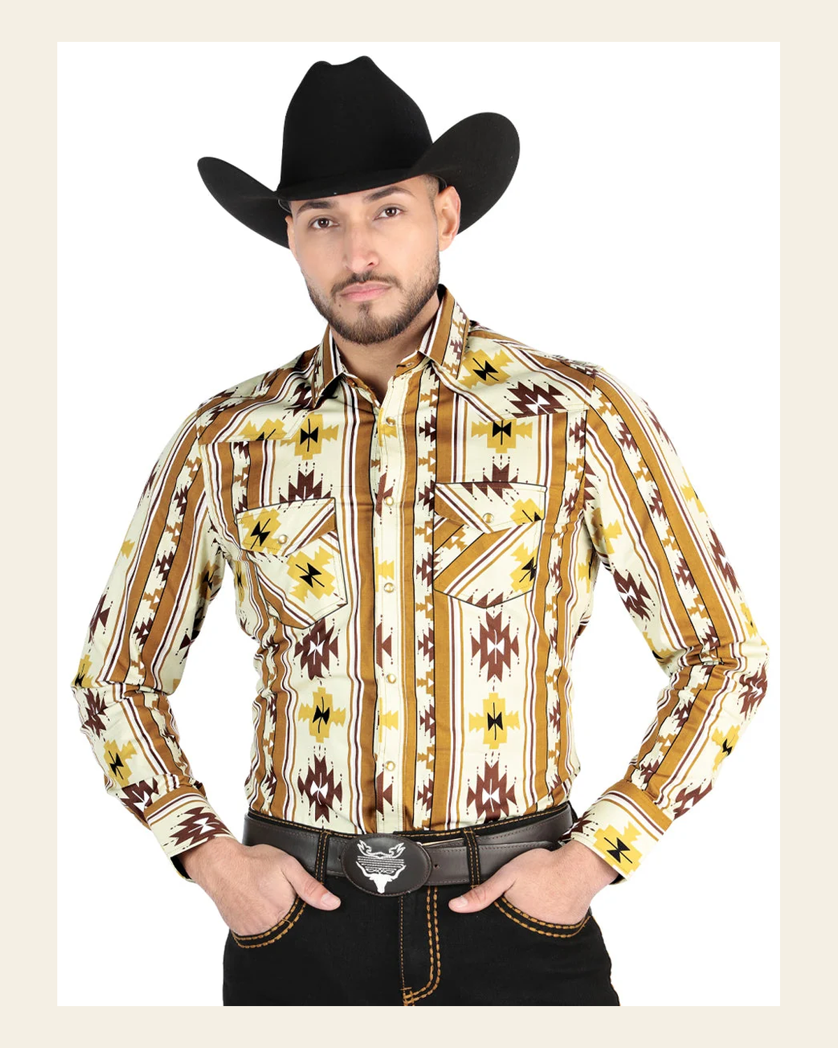 Men’s Long Sleeve Snap Button Western Shirt - Taupe 44471 on a warm cream background