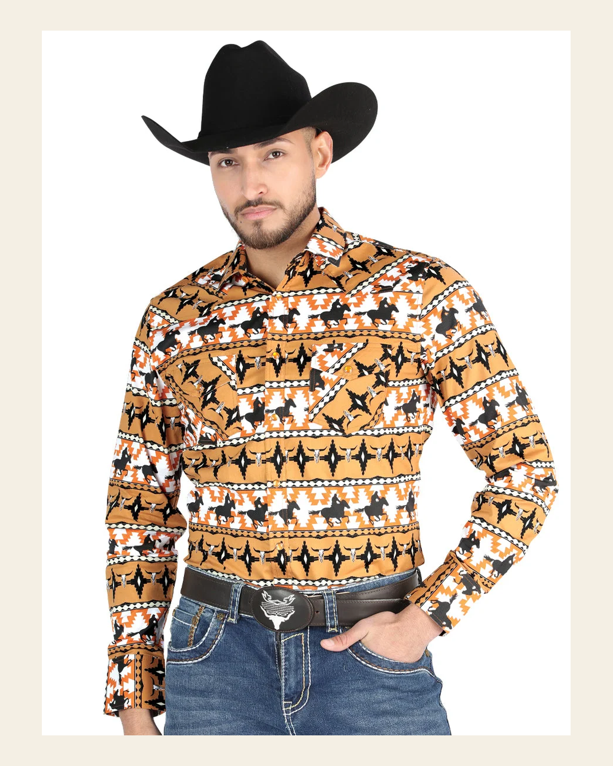 Men’s Long Sleeve Snap Button Western Shirt - Taupe 44477 on a warm cream background