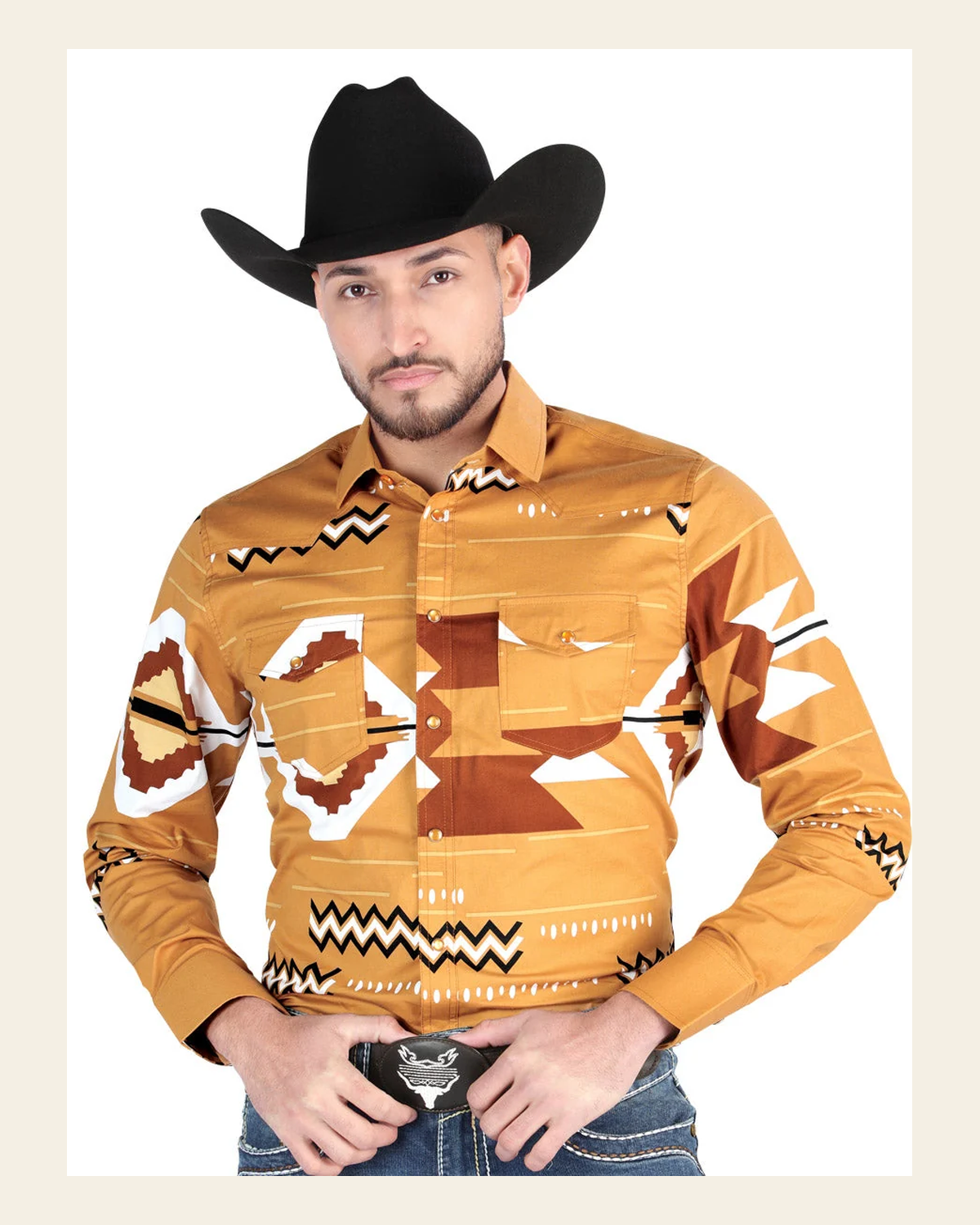 Men’s Long Sleeve Snap Button Western Shirt - Taupe 44499 on a warm cream background
