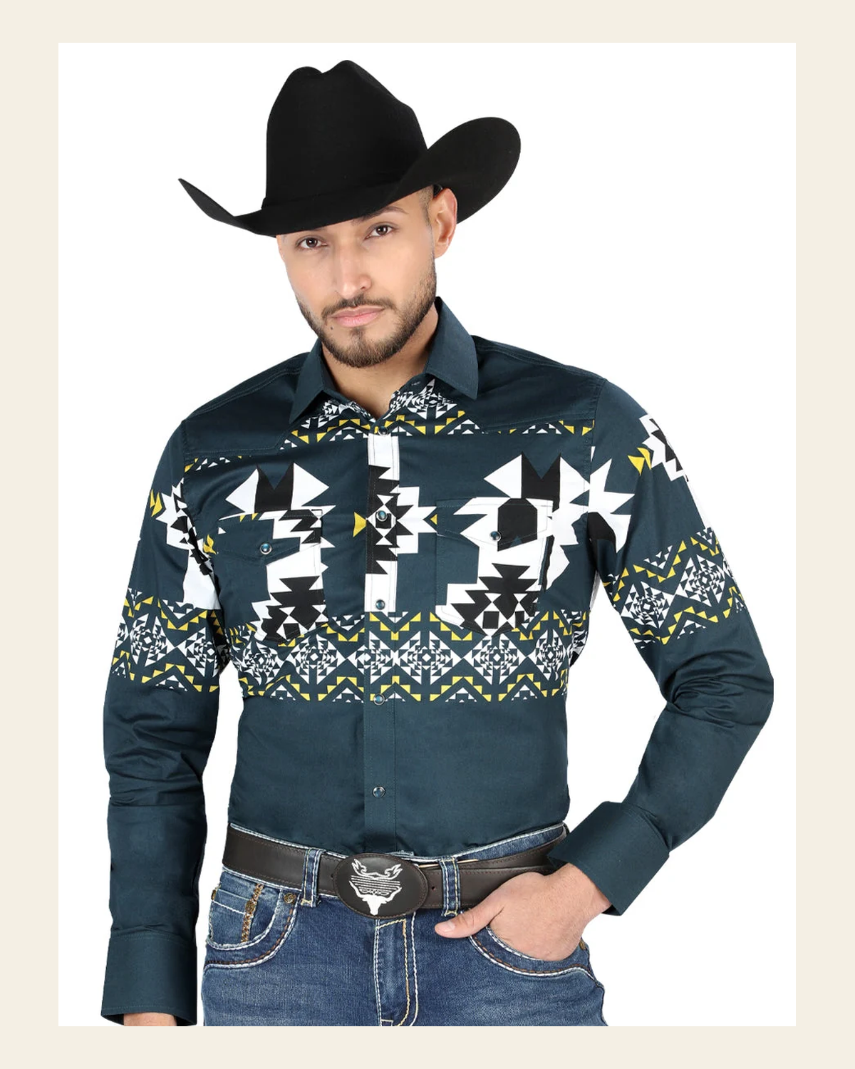 Men’s Long Sleeve Snap Button Western Shirt - Teal 44486 on a warm cream background