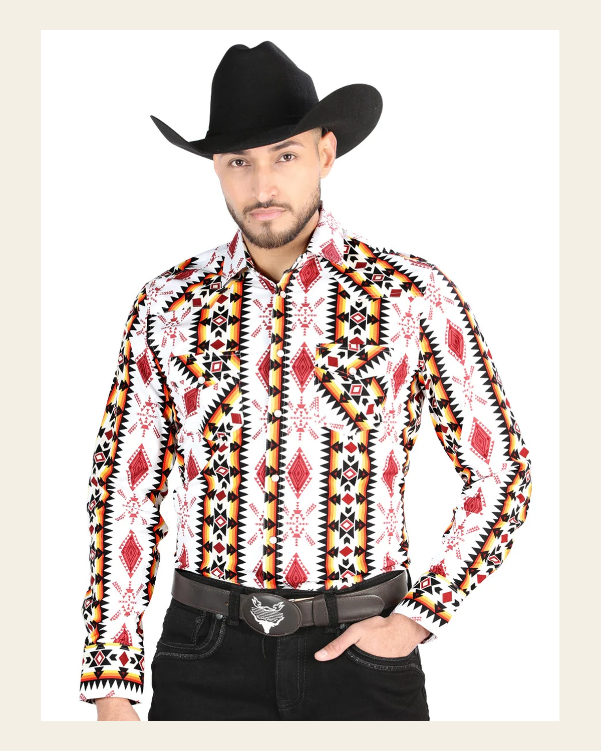Men’s Long Sleeve Snap Button Western Shirt - White 44502 on a warm cream background