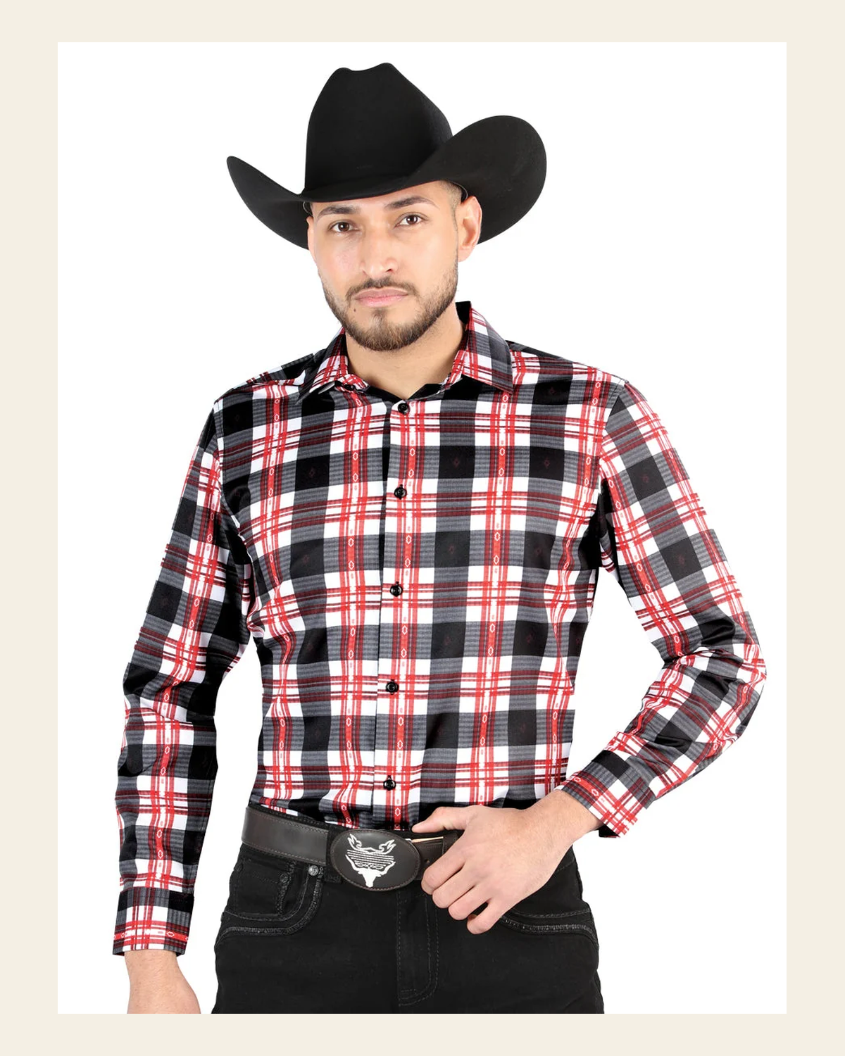 El General - Casual Long-Sleeve Shirt - White/Red 44707 on a warm cream background
