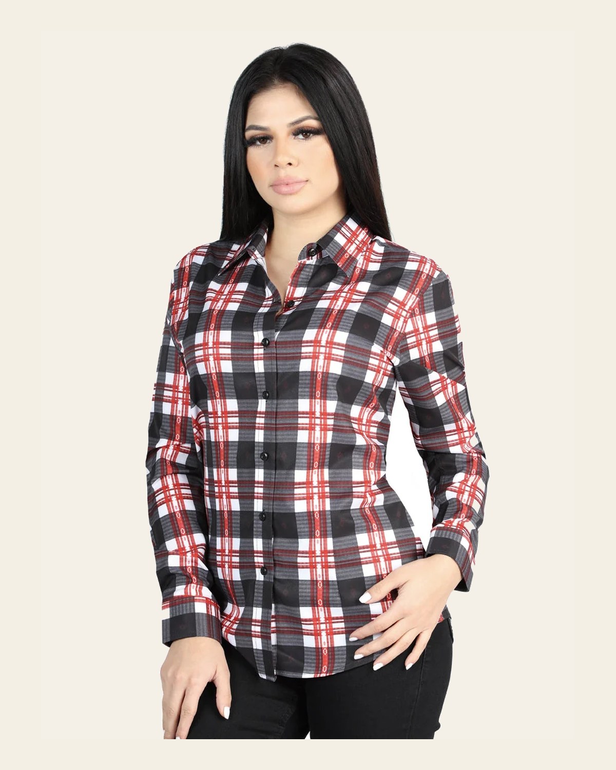 El General - Casual Long-Sleeve Shirt - White/Red 44724 on a warm cream background
