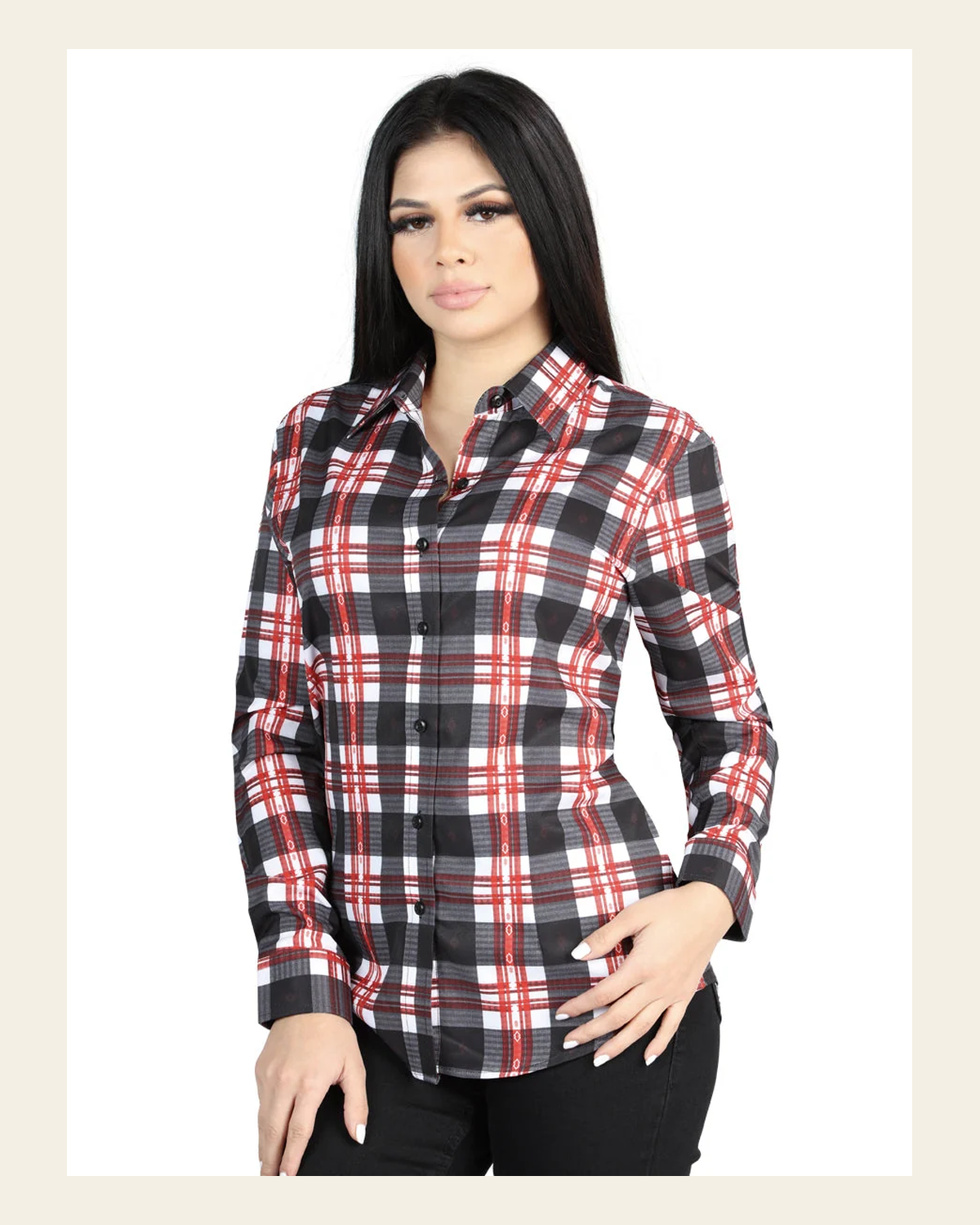 El General - Casual Long-Sleeve Shirt - White/Red 44724 on a warm cream background
