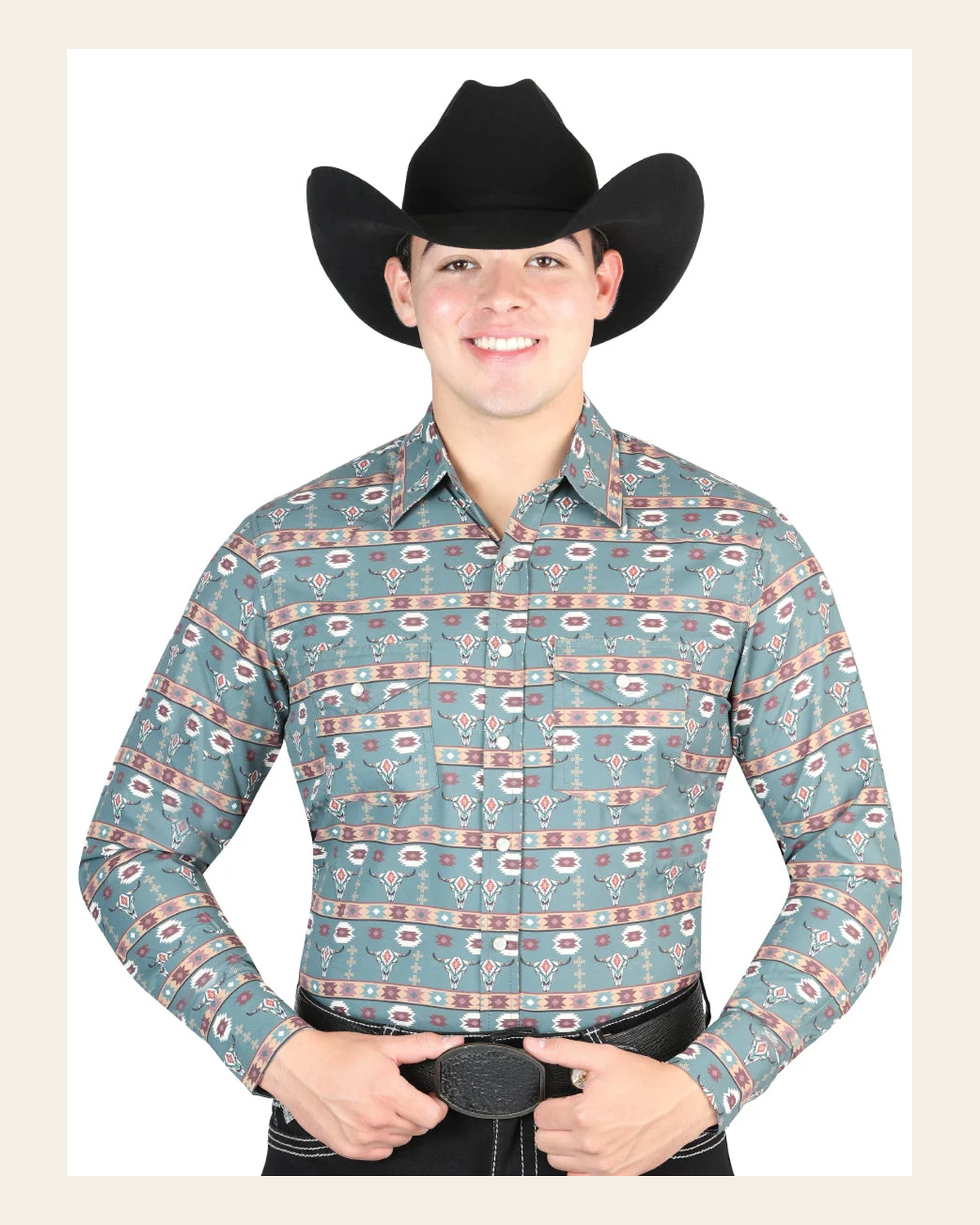 El General Men's Long Sleeve Western Fashion Snap Button Shirt - Green 44310 on a warm cream background