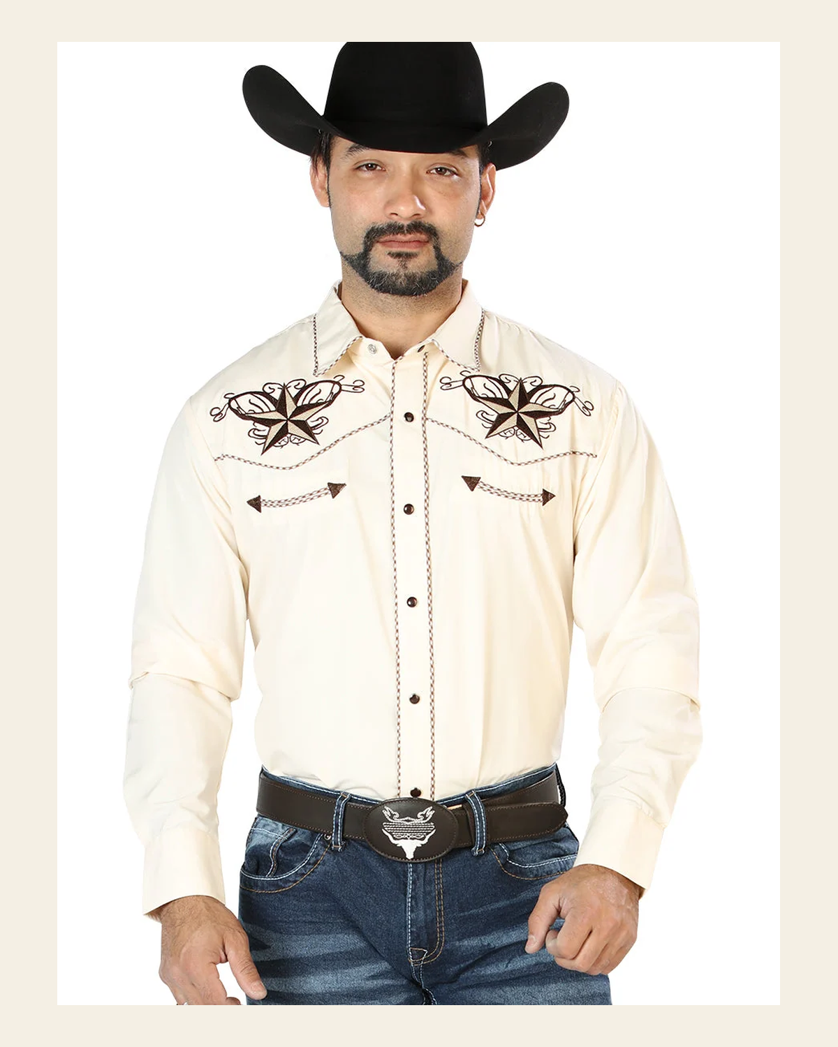 El General Embroidery Western Shirt Beige/Black 126684 on a warm cream background