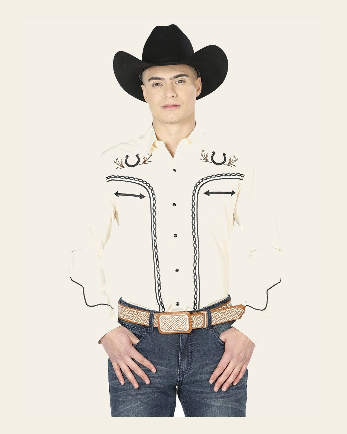 El General Men's Traditional Embroidered Western Charro Shirt Beige/Black 43295 on a warm cream background