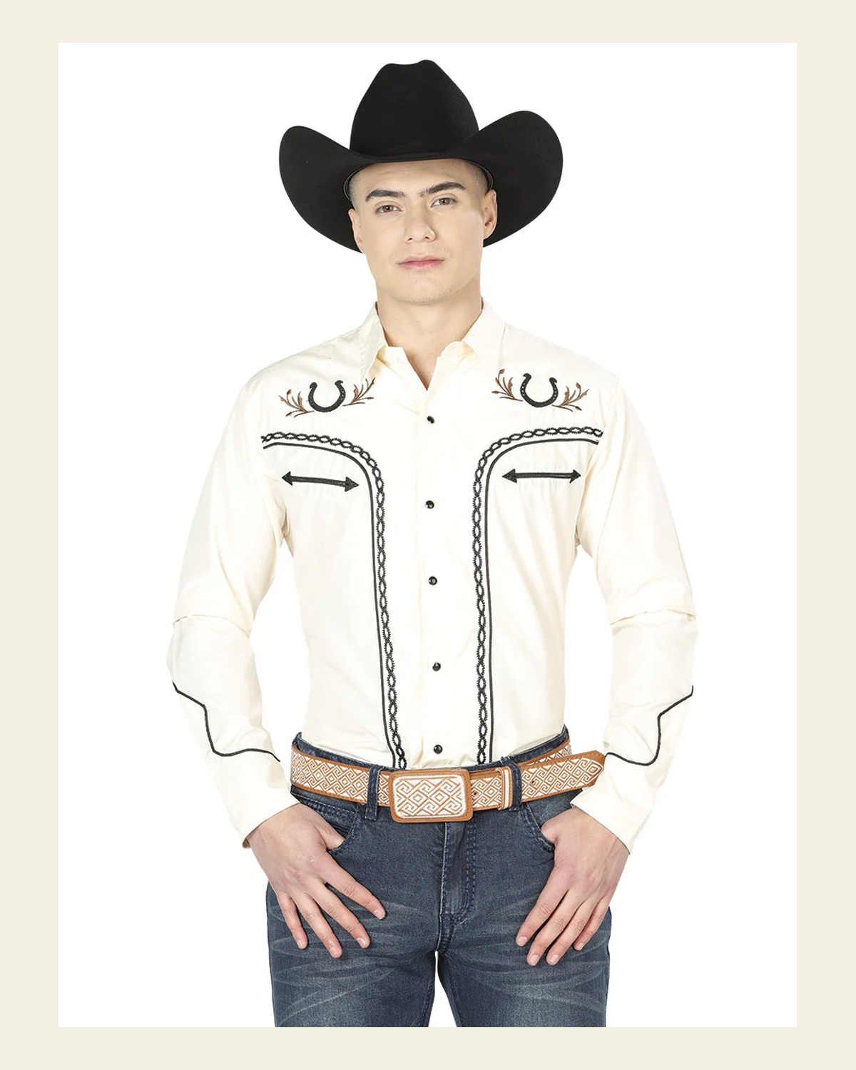 El General Men's Traditional Embroidered Western Charro Shirt Beige/Black 43295 on a warm cream background