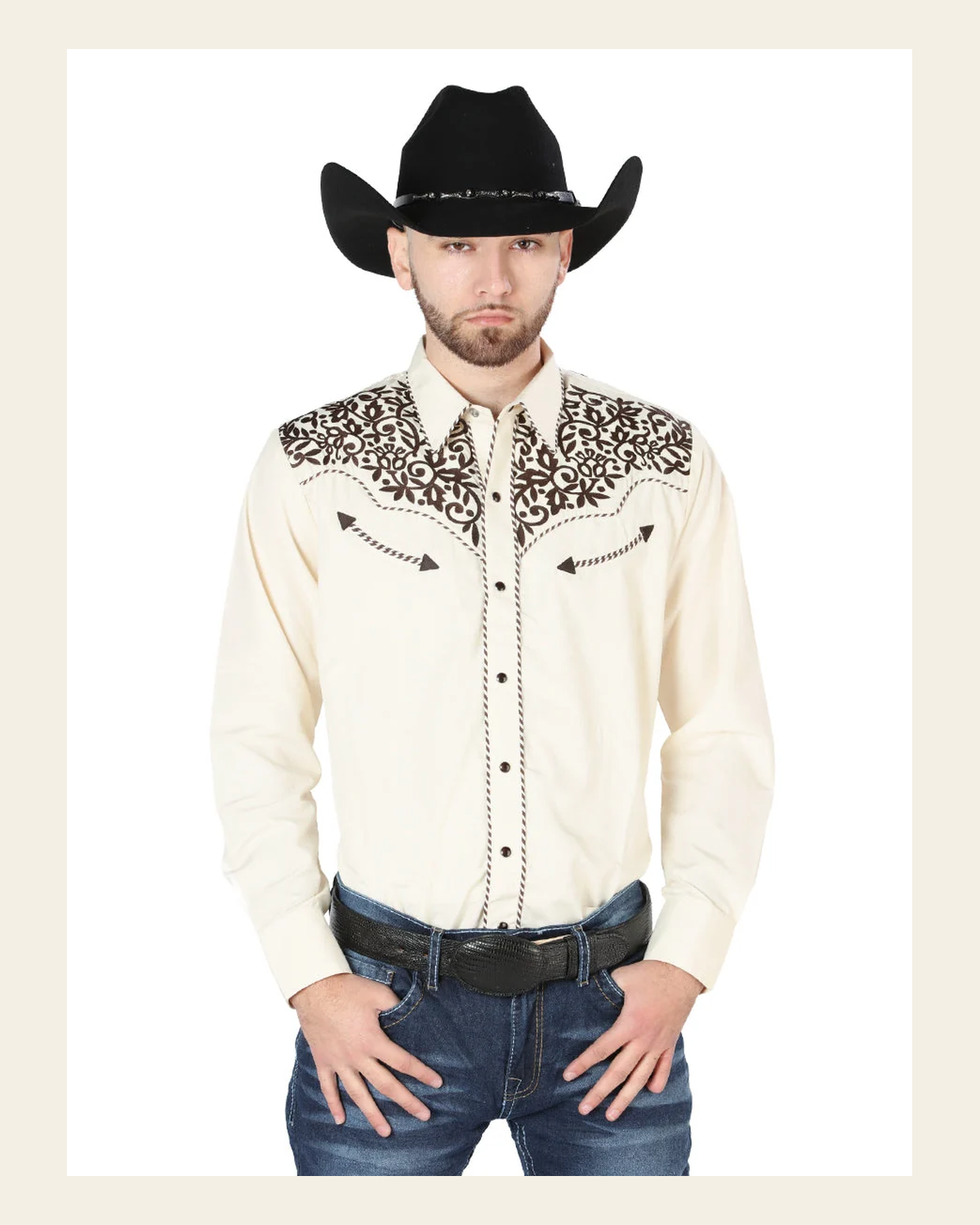 Men's Traditional Embroidered Western Shirt - Beige/Black 44193 on a warm cream background