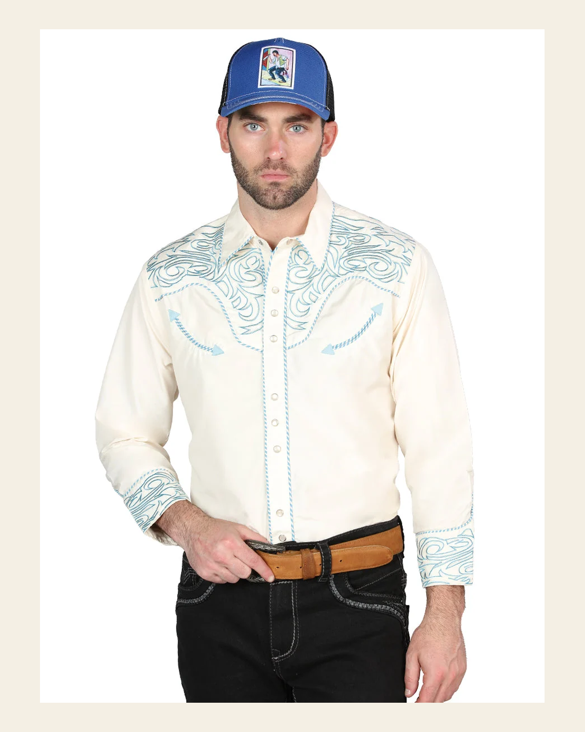 Men's Traditional Embroidered Western Shirt - Beige/Blue 44199 on a warm cream background