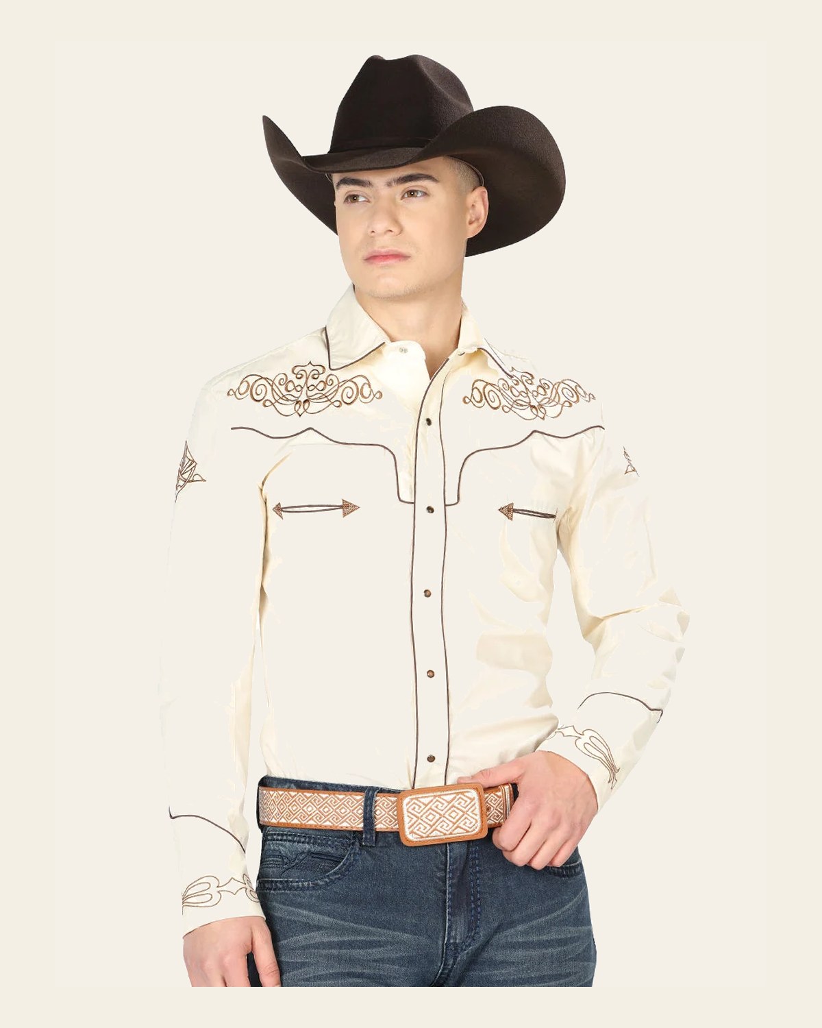 El General Men's Traditional Embroidered Western Shirt Beige/Gold 40986 on a warm cream background