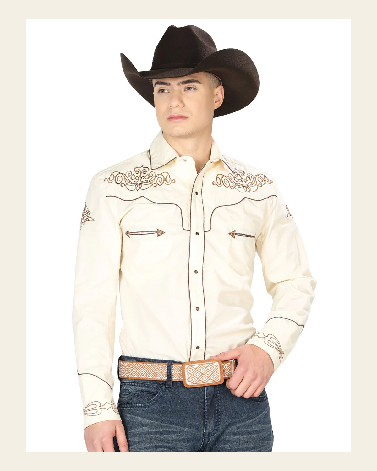 El General Men's Traditional Embroidered Western Shirt Beige/Gold 40986 on a warm cream background