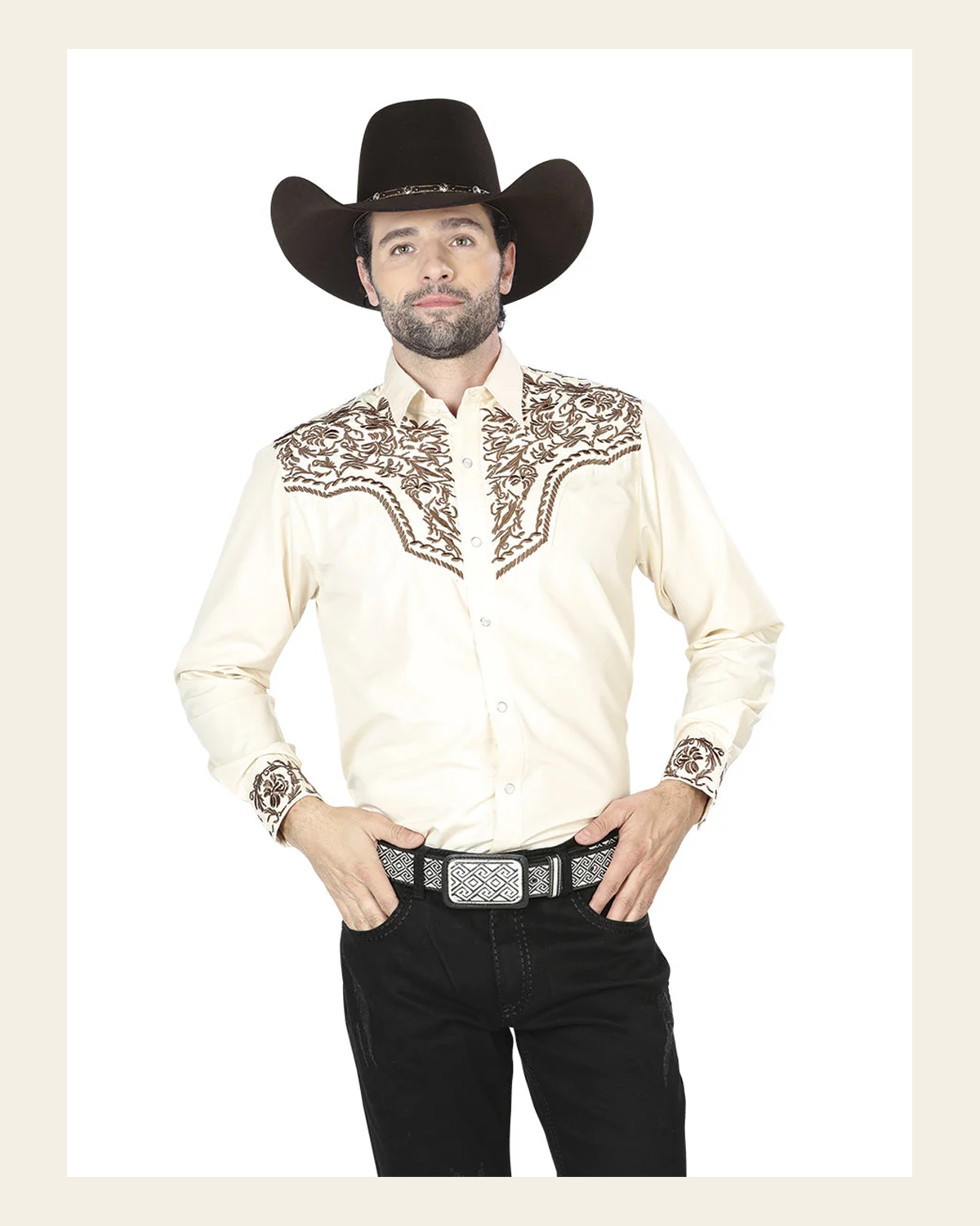 El General Men's Traditional Embroidered Western Charro Shirt Beige/Gold 43303 on a warm cream background