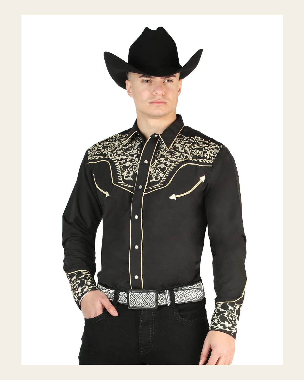 Men's Traditional Embroidered Western Shirt - Black/Gold 44195 on a warm cream background