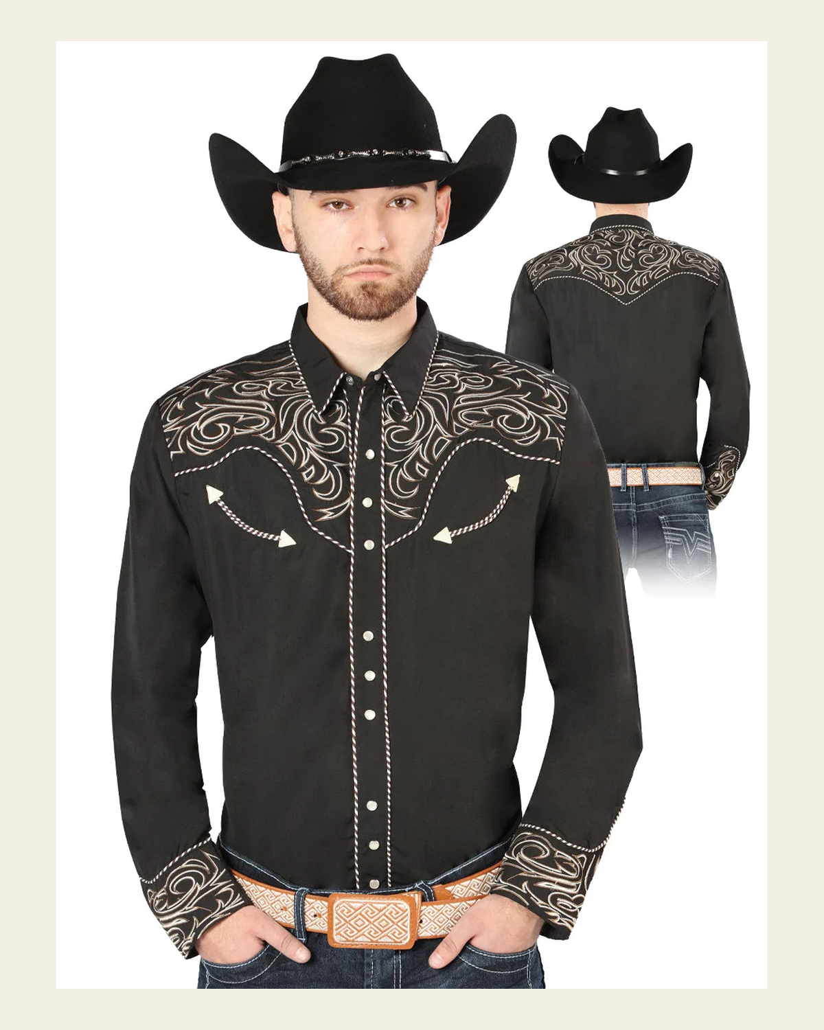 Men's Traditional Embroidered Western Shirt - Black/Gold 44198 on a warm cream background