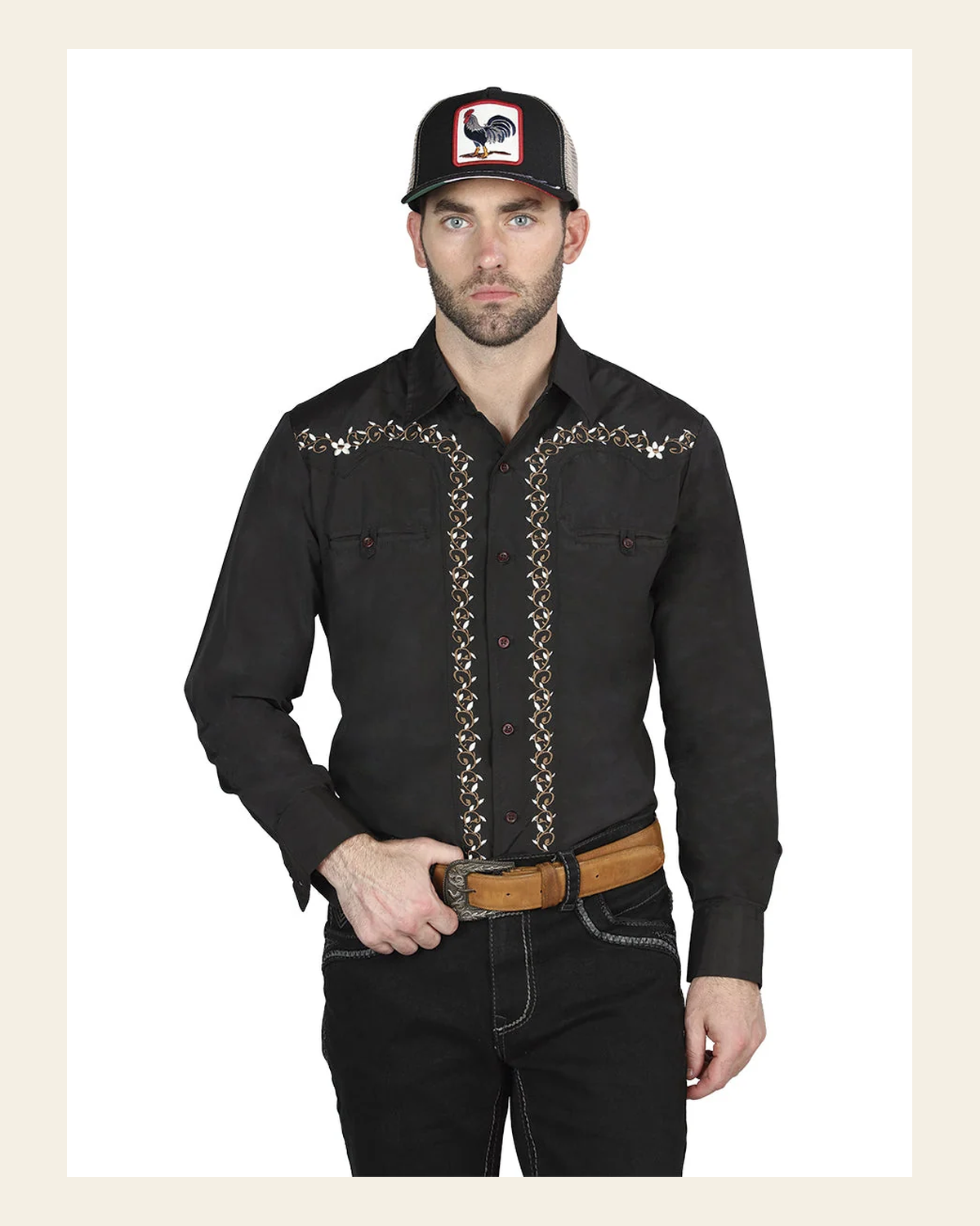 Men's Traditional Embroidered Western Shirt - Black/Gold 44200 on a warm cream background
