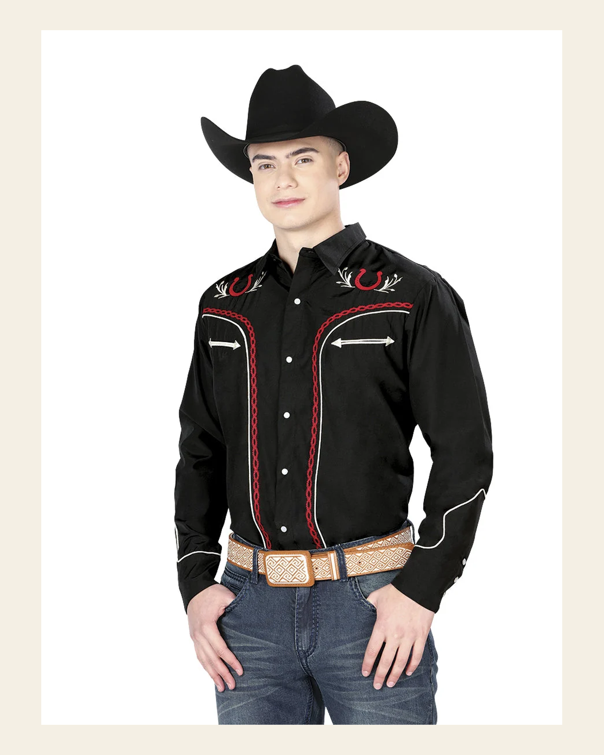 El General Men's Traditional Embroidered Western Charro Shirt Black/Red 43293 on a warm cream background
