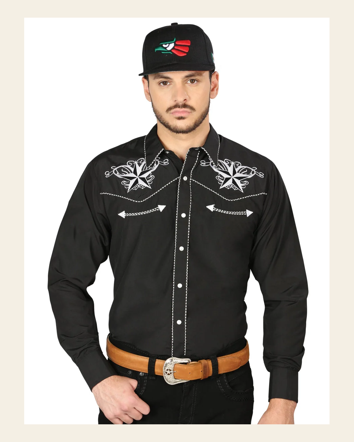El General Embroidery Western Shirt Black/White 126682 on a warm cream background