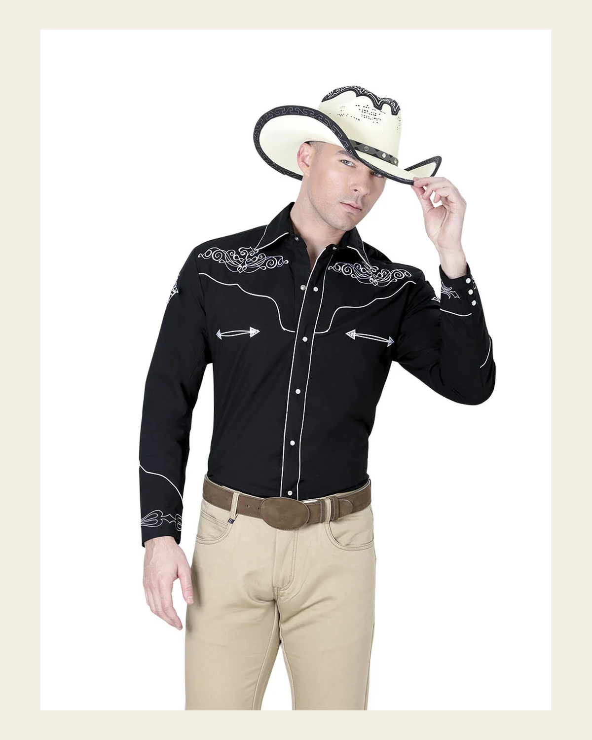 El General Men's Traditional Embroidered Western Charro Shirt Black/White 40983 on a warm cream background