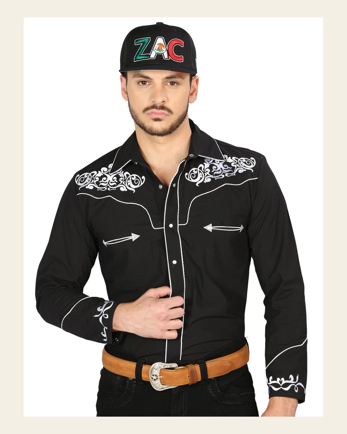 El General Men's Traditional Embroidered Western Charro Shirt Black/White 40987 on a warm cream background
