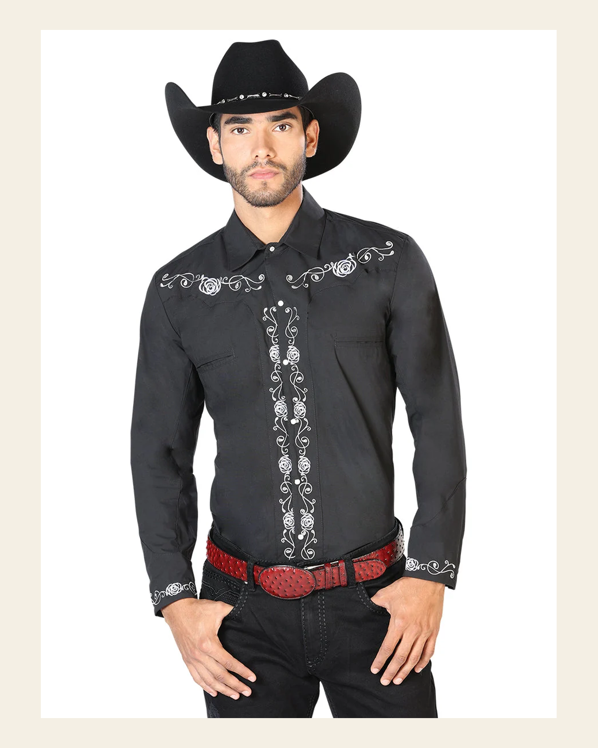 Men's Traditional Embroidered Western Shirt Black/White 42937 on a warm cream background