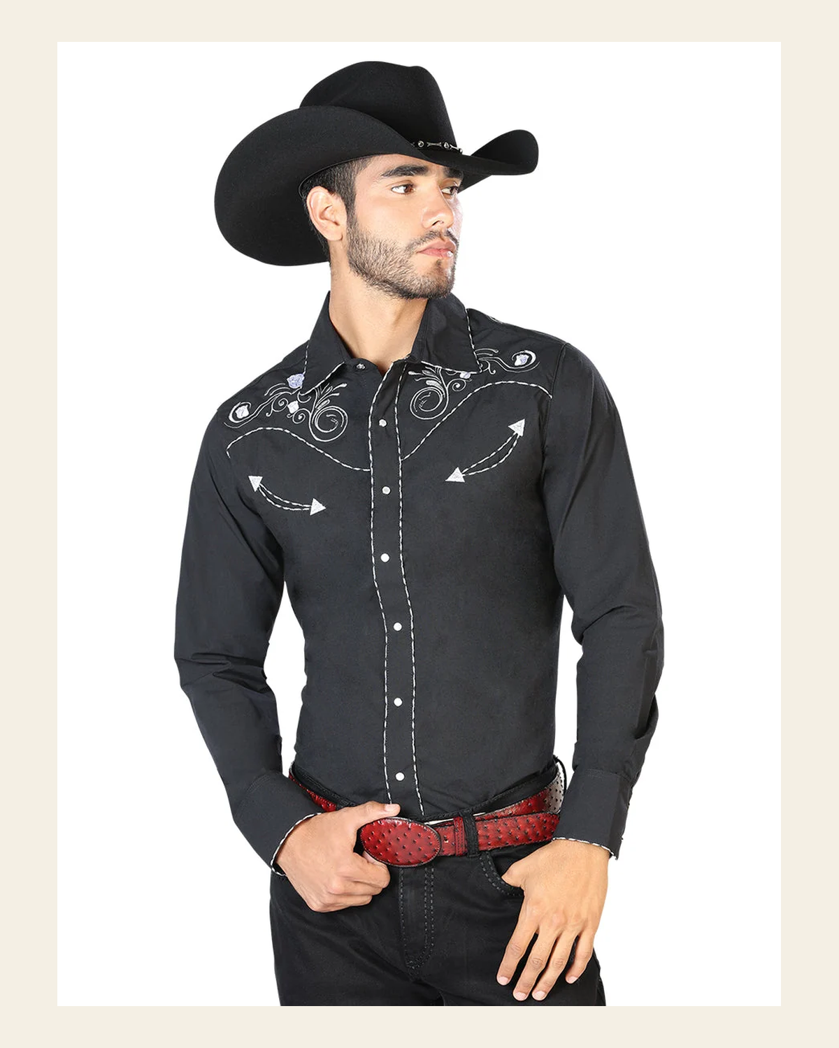 Men's Traditional Embroidered Western Shirt Black/White 42940 on a warm cream background