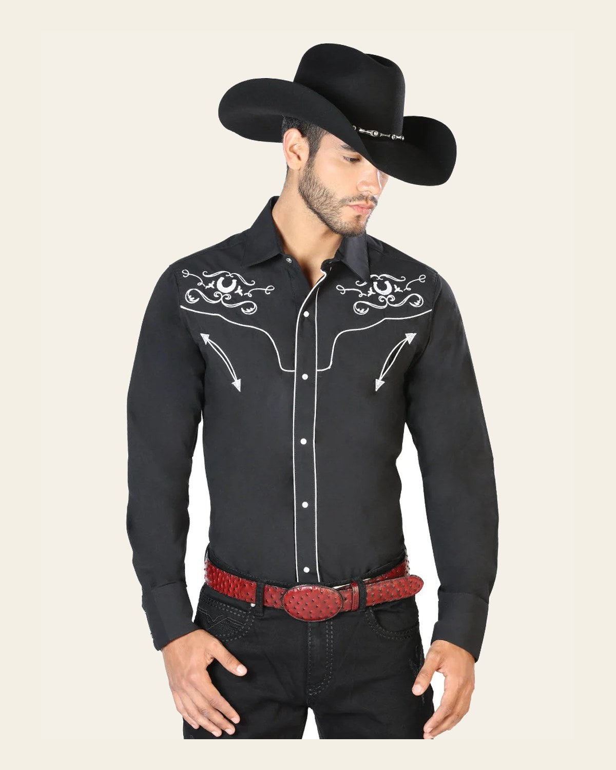 Men's Traditional Embroidered Western Shirt Black/White 42945 on a warm cream background
