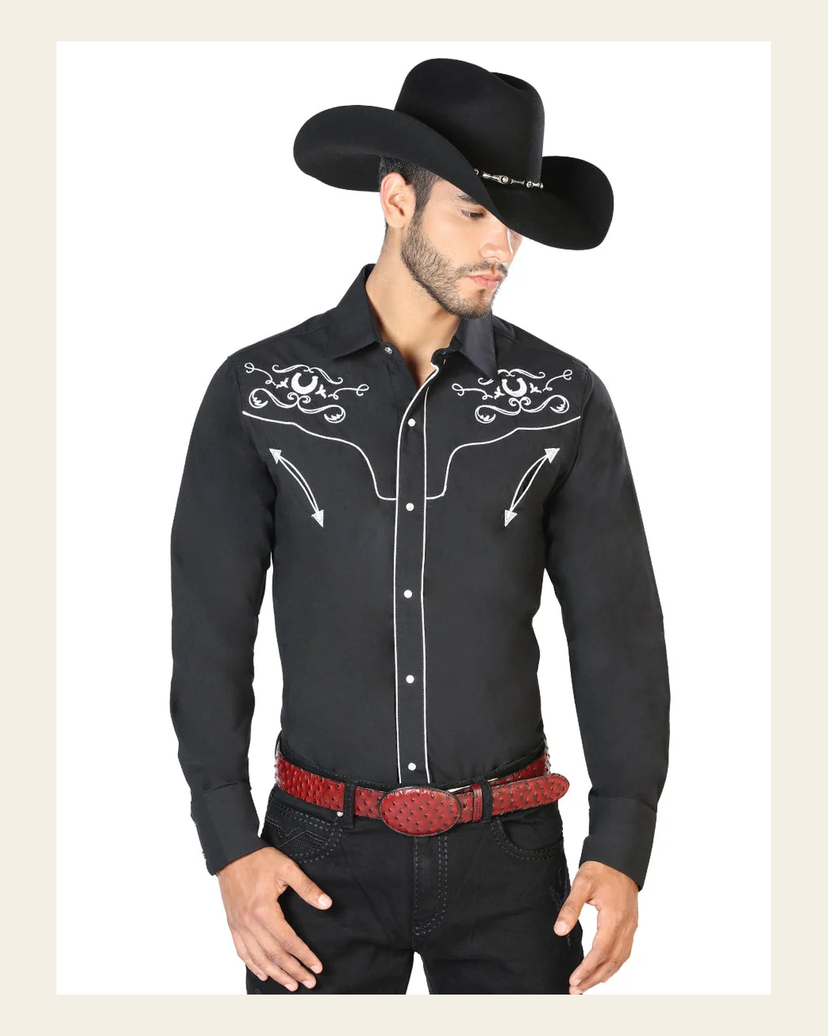 Men's Traditional Embroidered Western Shirt Black/White 42945 on a warm cream background