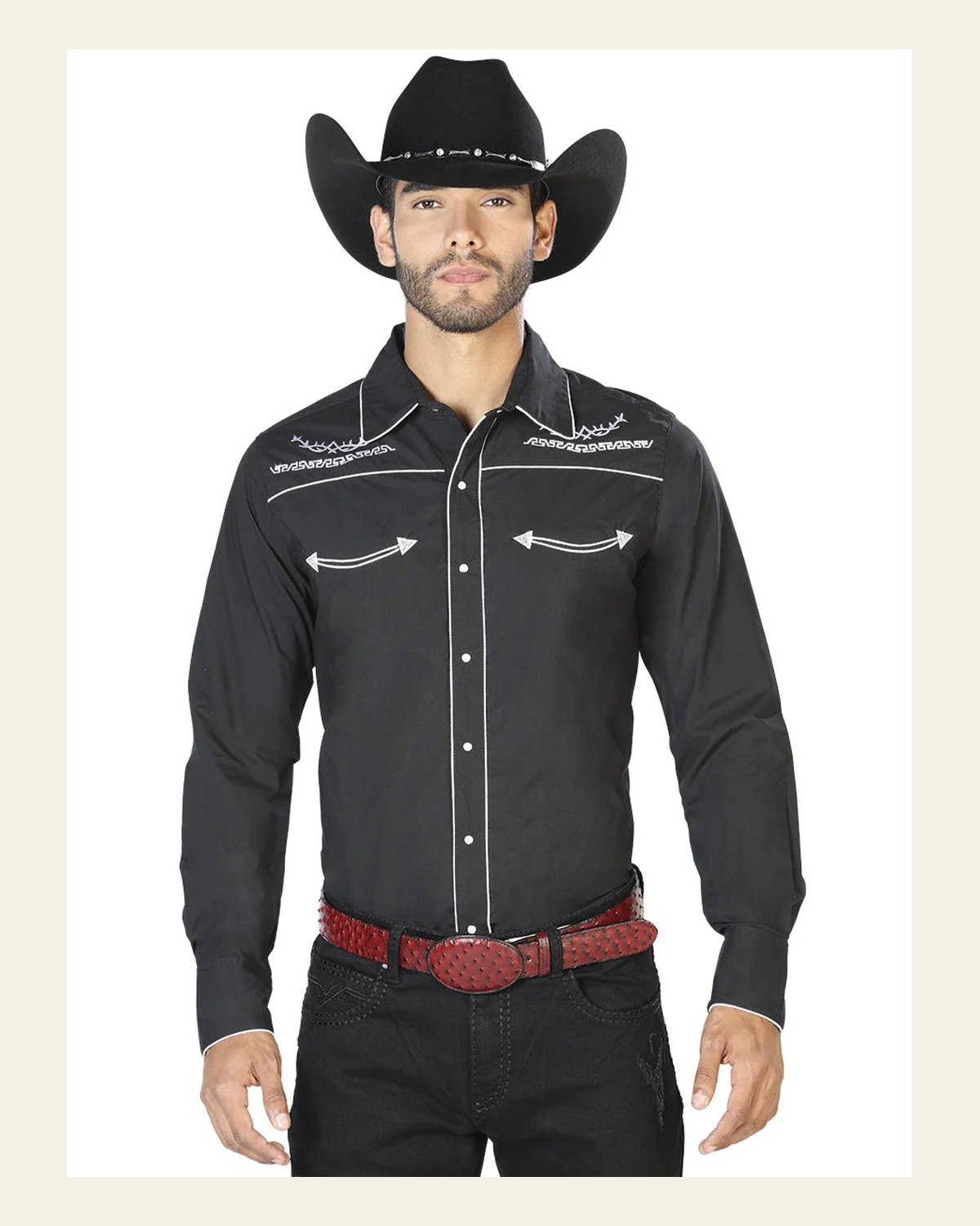 Men's Traditional Embroidered Western Shirt Black/White 42949 on a warm cream background