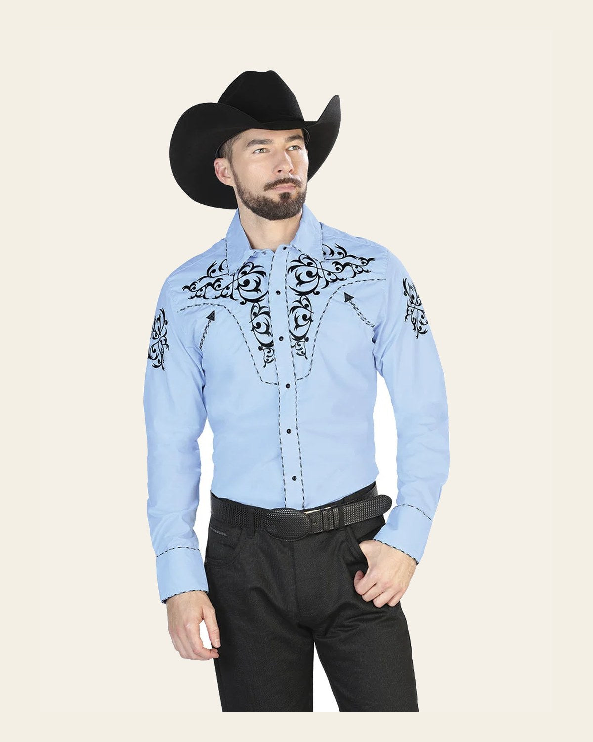 Men's Traditional Embroidered Western Shirt Blue/Black 42887 on a warm cream background