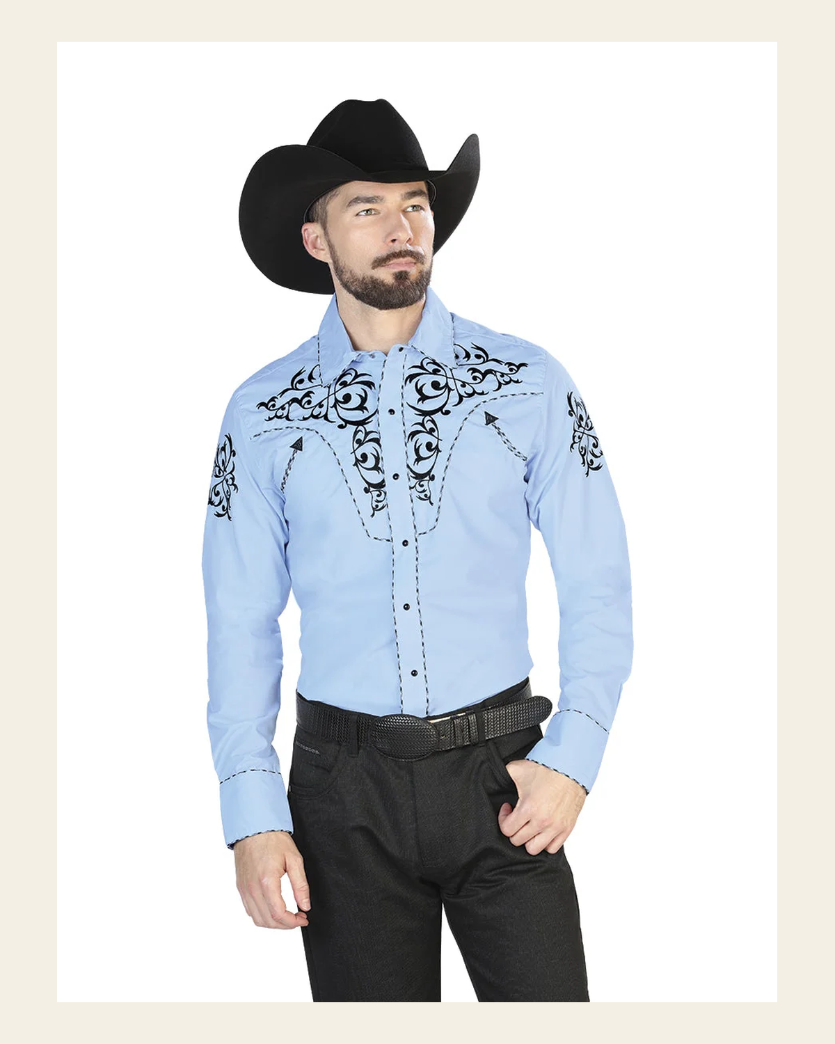 Men's Traditional Embroidered Western Shirt Blue/Black 42887 on a warm cream background