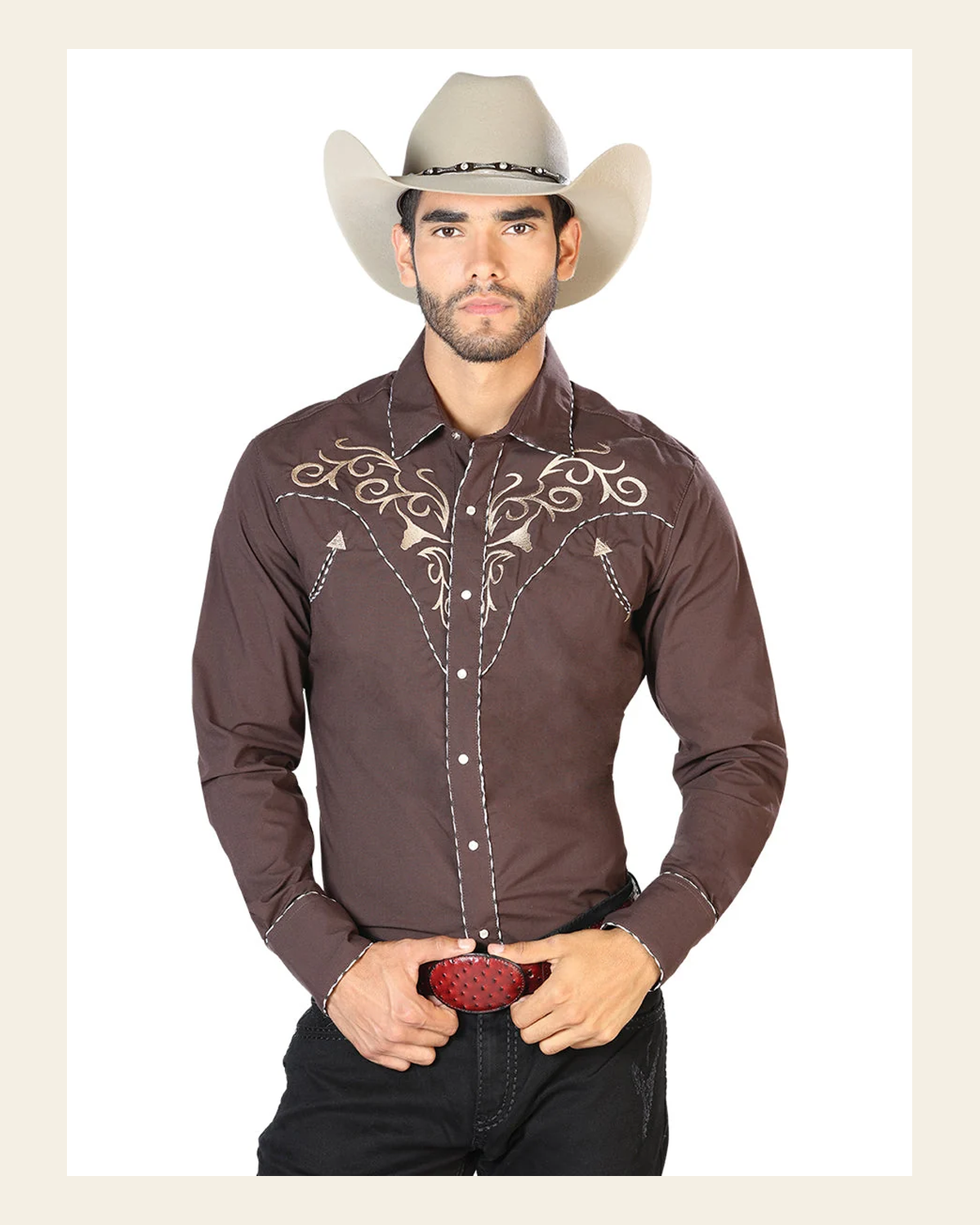 Men's Traditional Embroidered Western Shirt Brown/Gold 42891 on a warm cream background