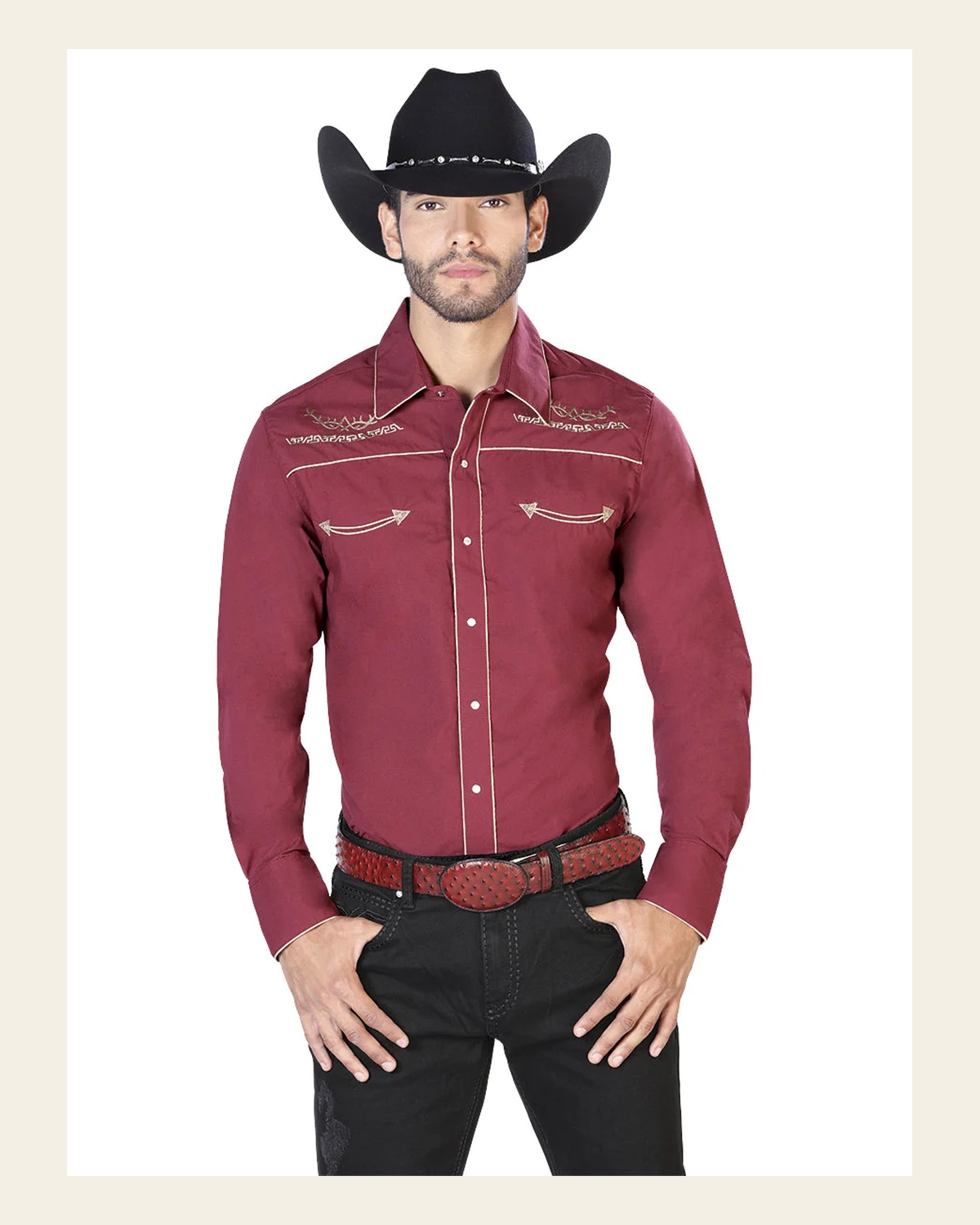 Men's Traditional Embroidered Western Shirt Burgandy/Gold 42951 on a warm cream background