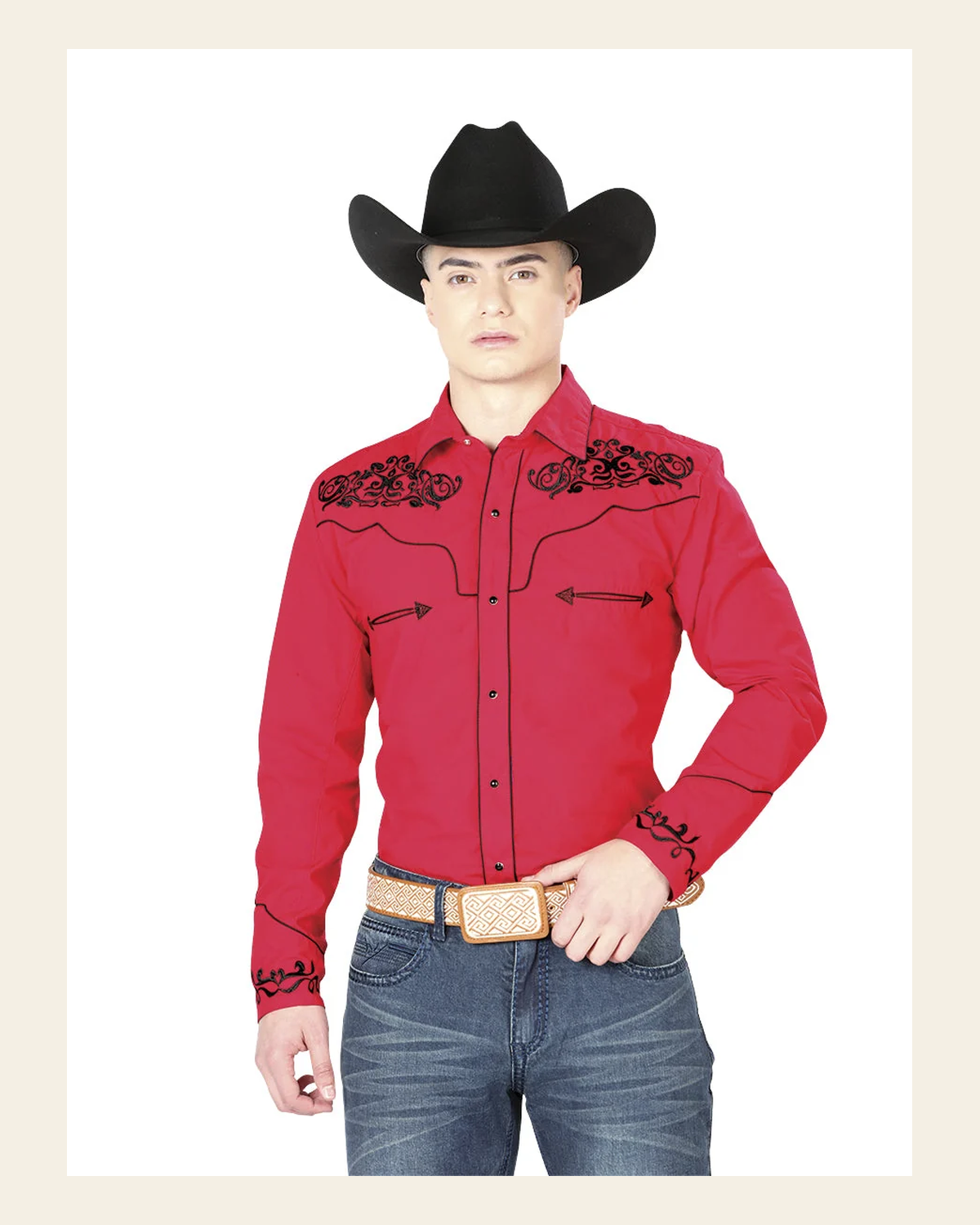 El General Men's Traditional Embroidered Western Charro Shirt Red/Black 40989 on a warm cream background