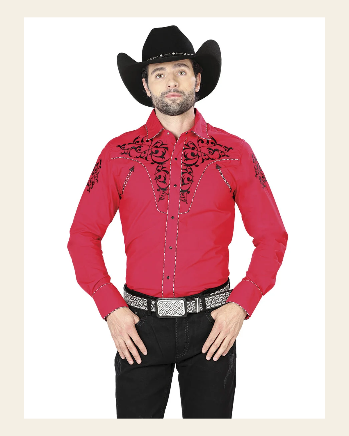 El General Men's Traditional Embroidered Western Charro Shirt Red/Black 40992 on a warm cream background