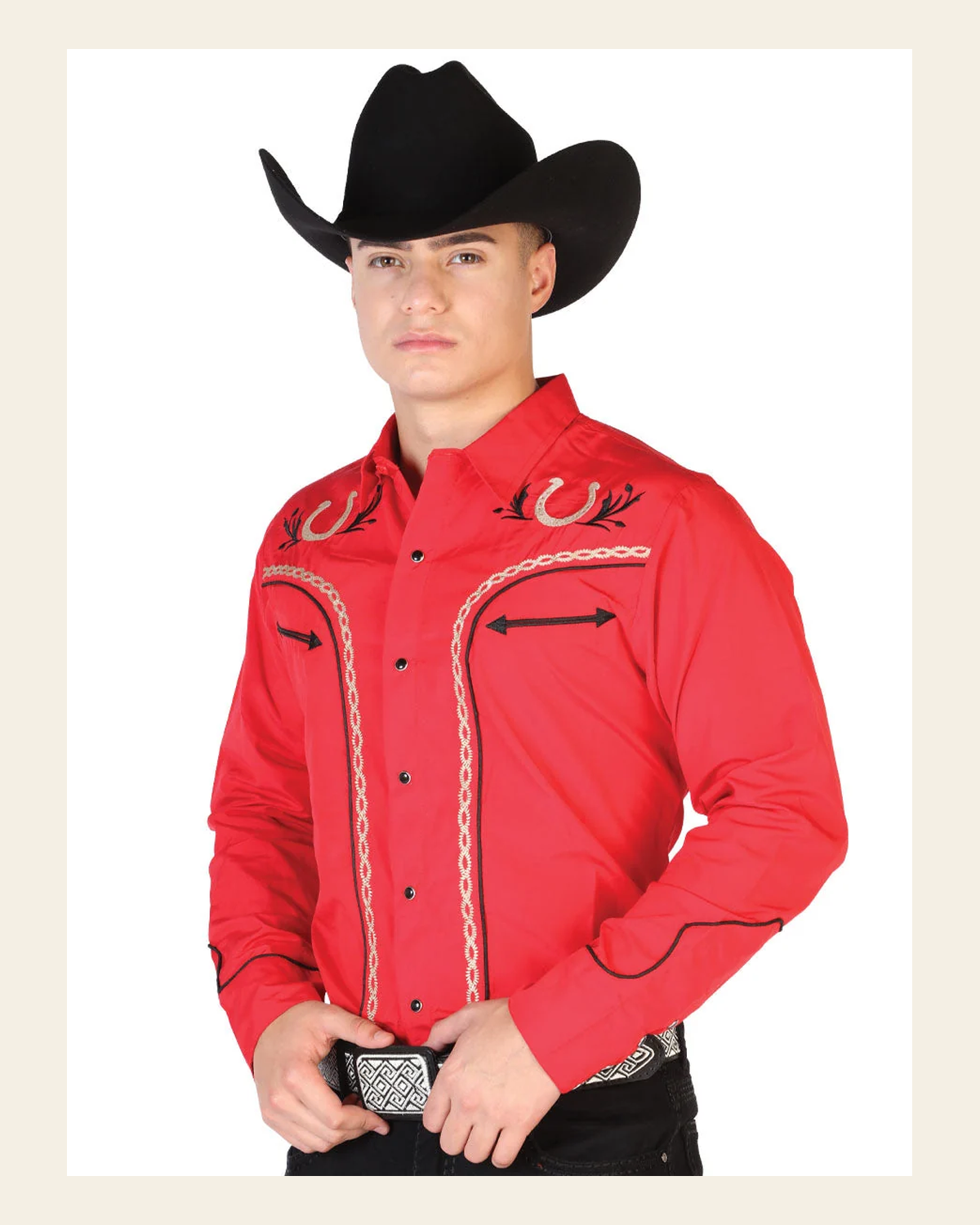 El General Men's Traditional Embroidered Western Charro Shirt Red/Black 43294 on a warm cream background