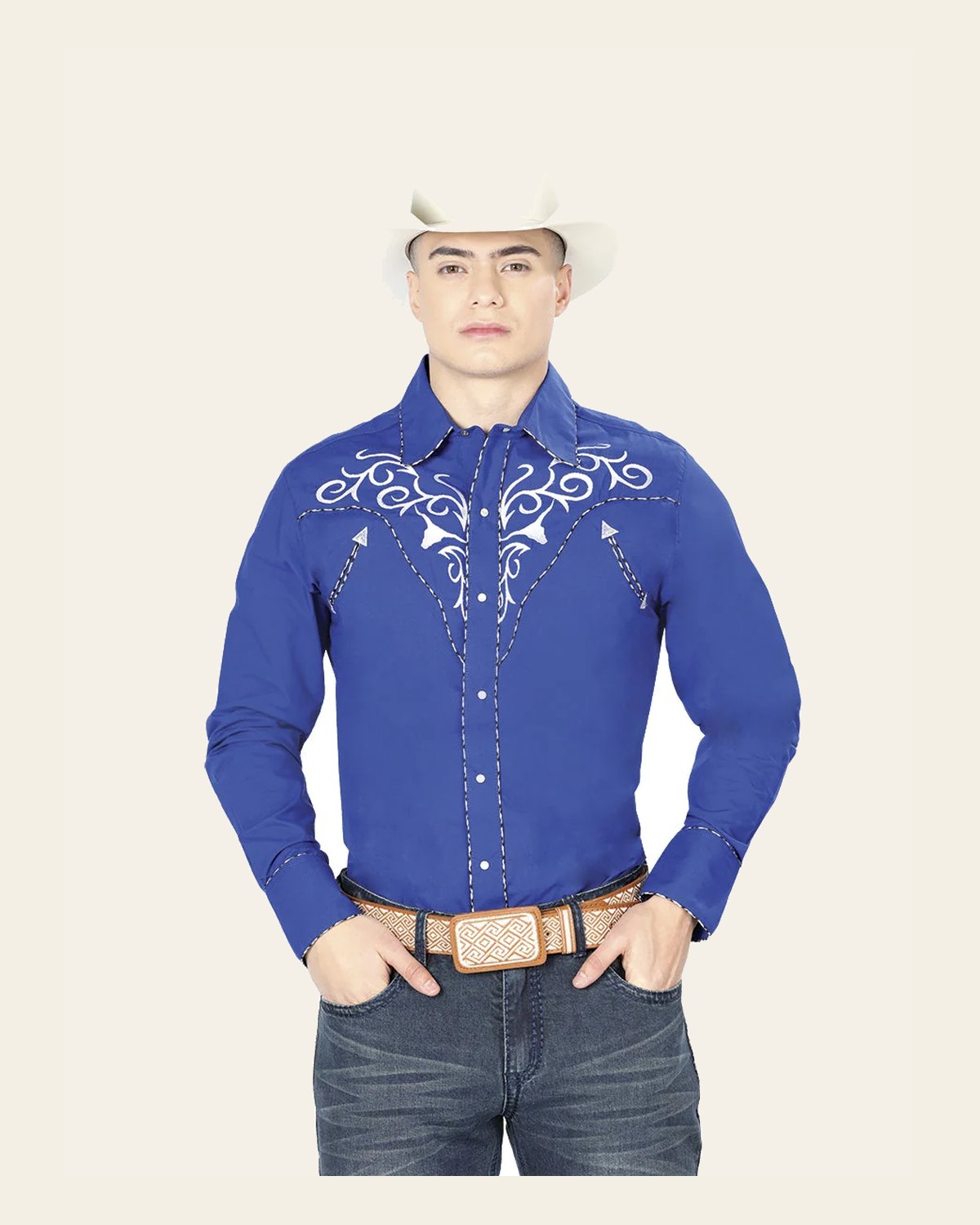 El General Men's Traditional Embroidered Western Charro Shirt Royal Blue/White 41005 on a warm cream background