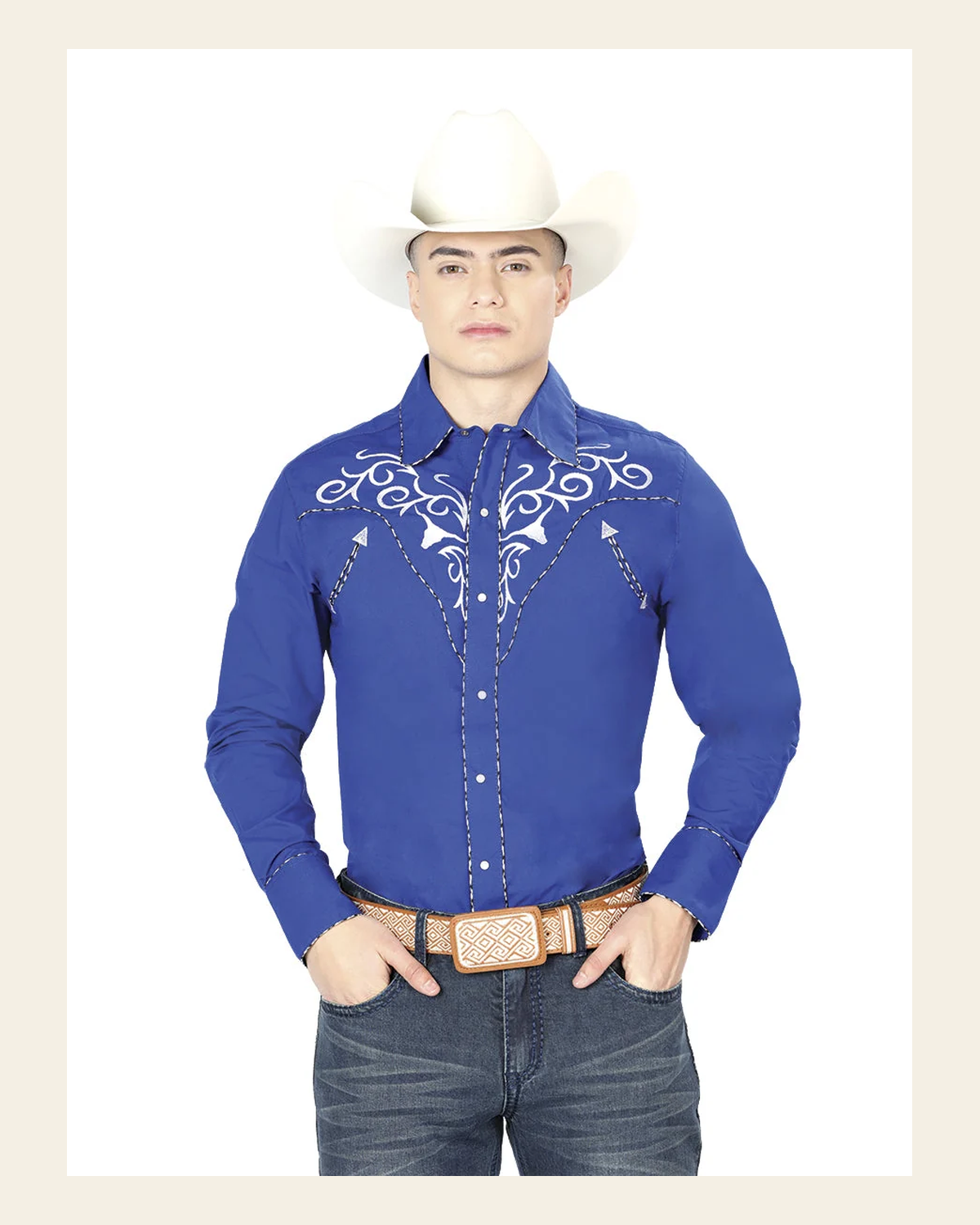 El General Men's Traditional Embroidered Western Charro Shirt Royal Blue/White 41005 on a warm cream background
