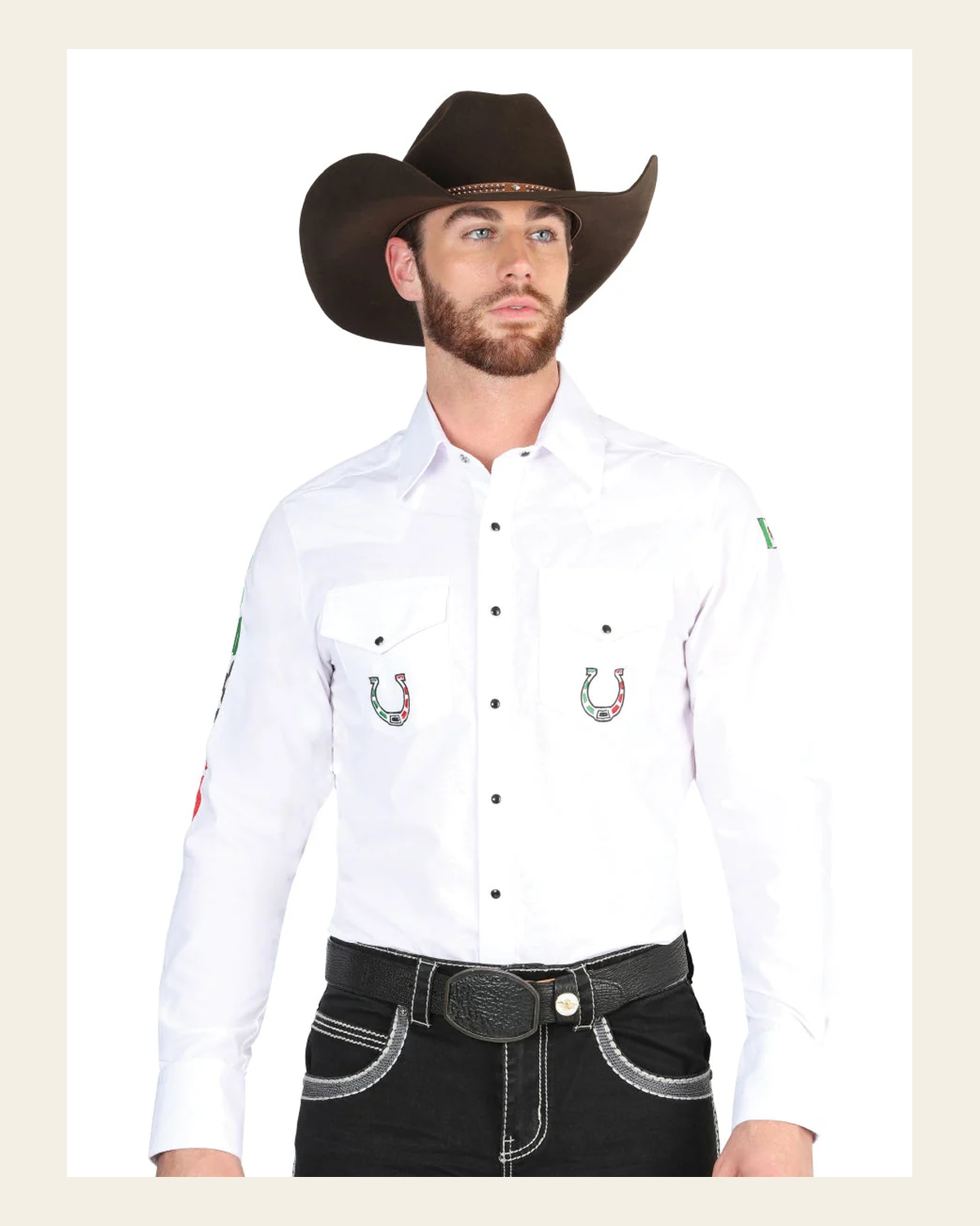 El General Men's Traditional Embroidered Western Charro Shirt - White 44282 on a warm cream background